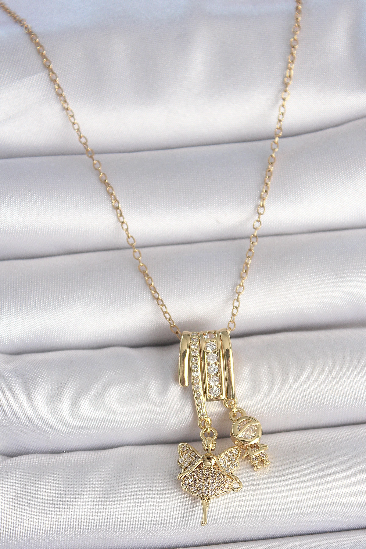 316L Çelik Gold Renk Zirkon Taşlı Sallantı Melek Figür Charm Kadın Kolye-0