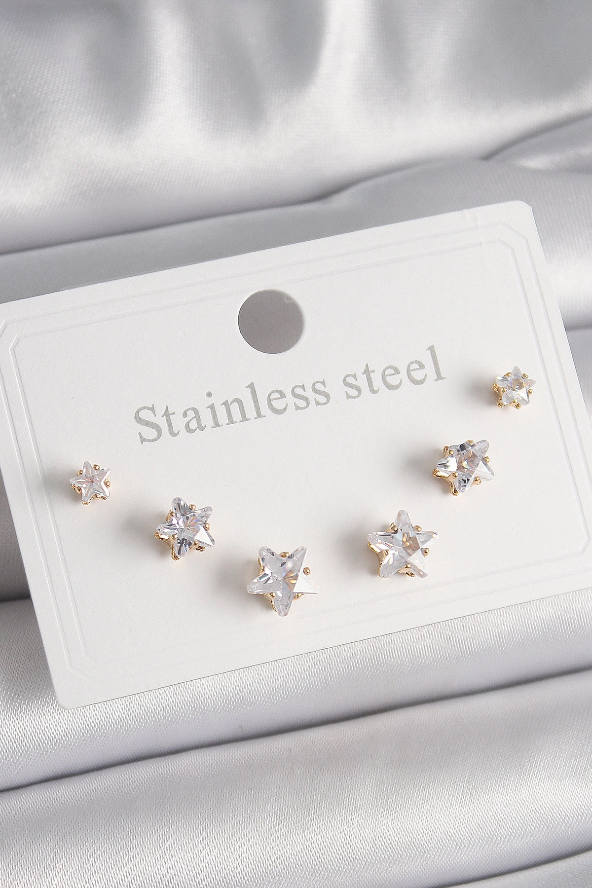 316L Çelik Gold Renk Zirkon Taşlı Yıldız Model Kadın Küpe Seti-0