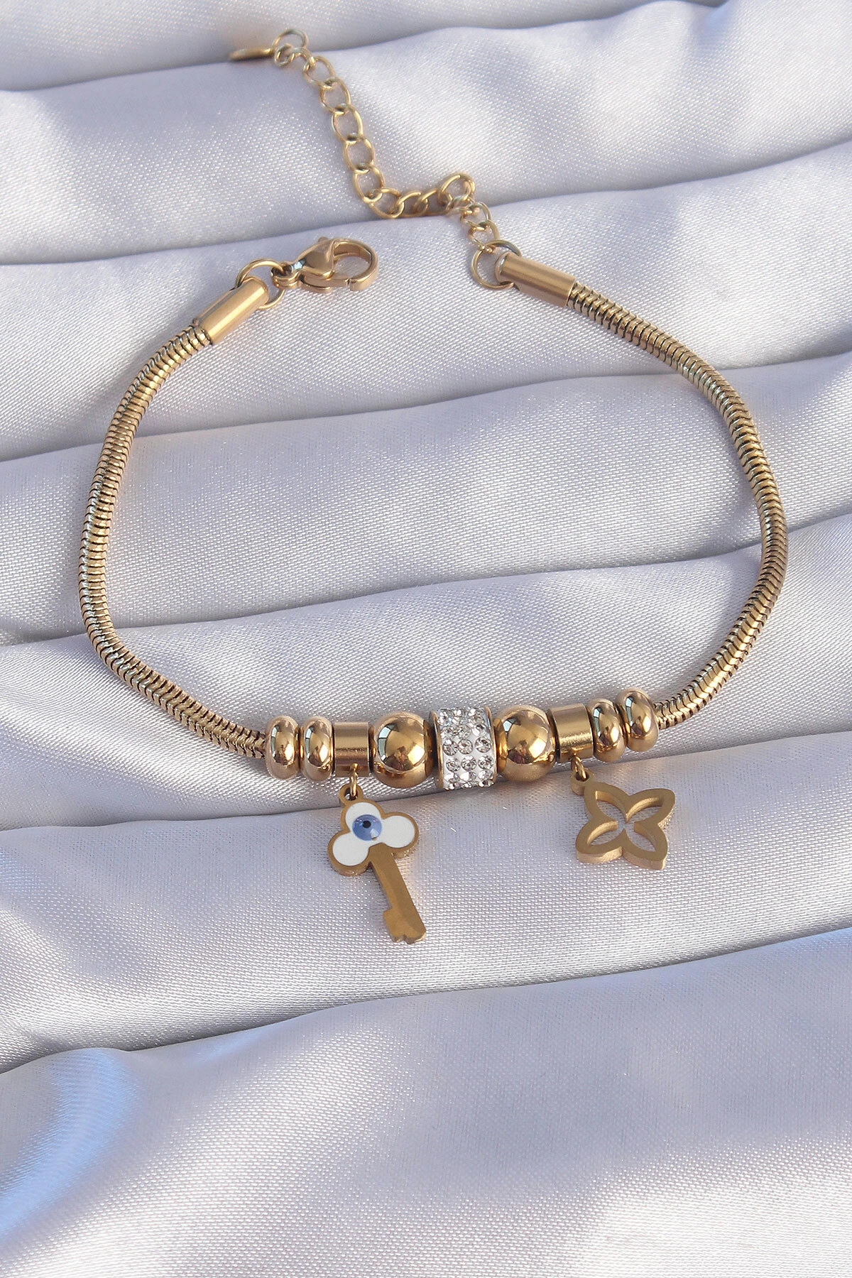 316L Çelik Gold Renk Zirkon Taşlı Yonca Detay Nazarlı Anahtar Tasarımlı Bileklik-0