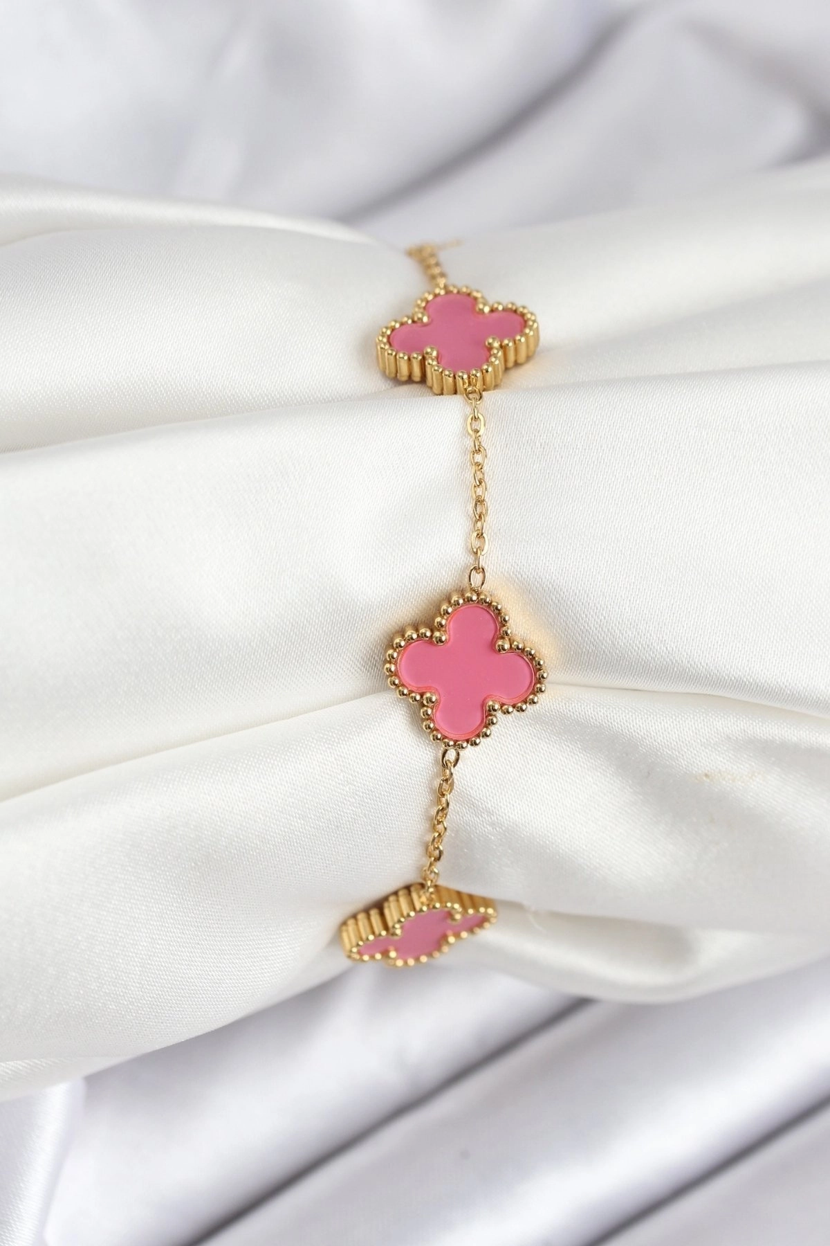 316L Çelik Gold Zincir Pembe Yonca Renk Bileklik-0