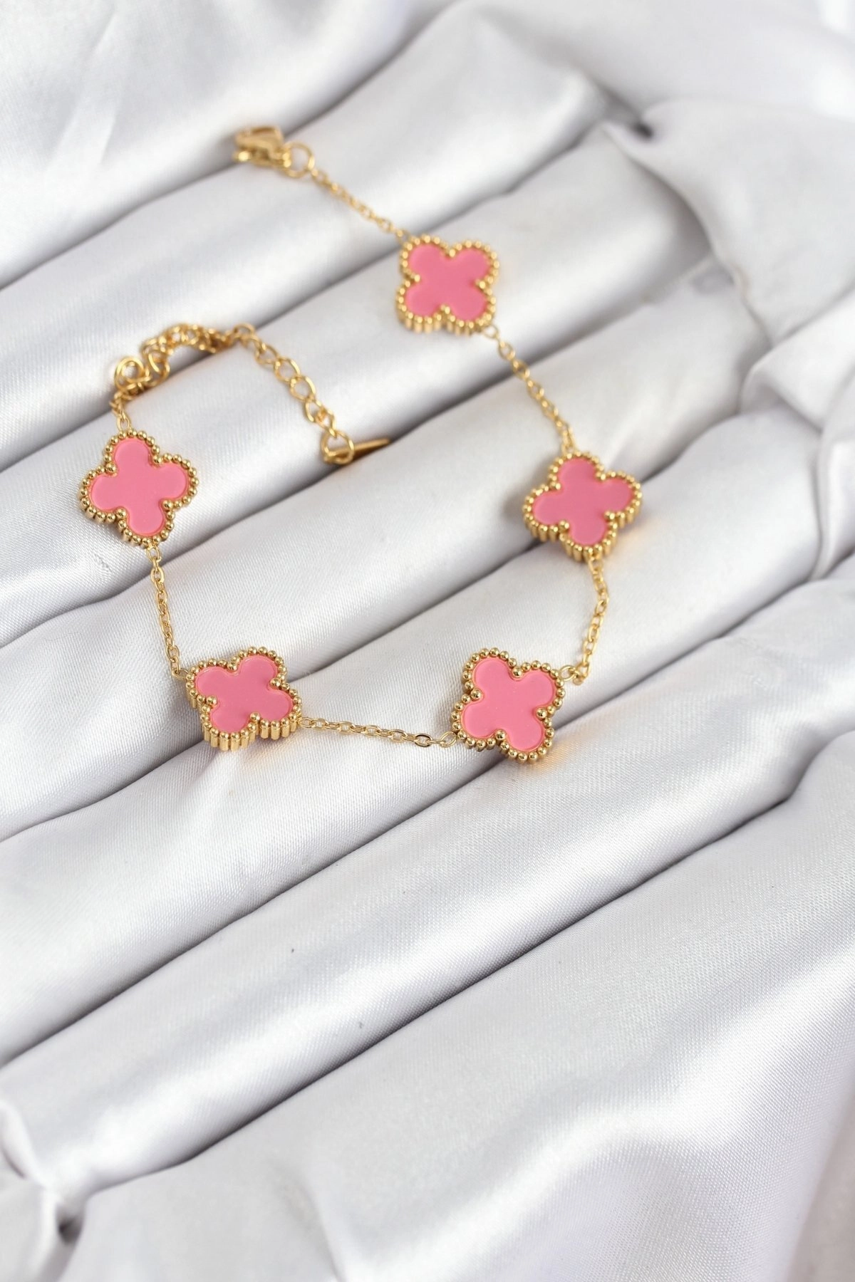 316L Çelik Gold Zincir Pembe Yonca Renk Bileklik-1