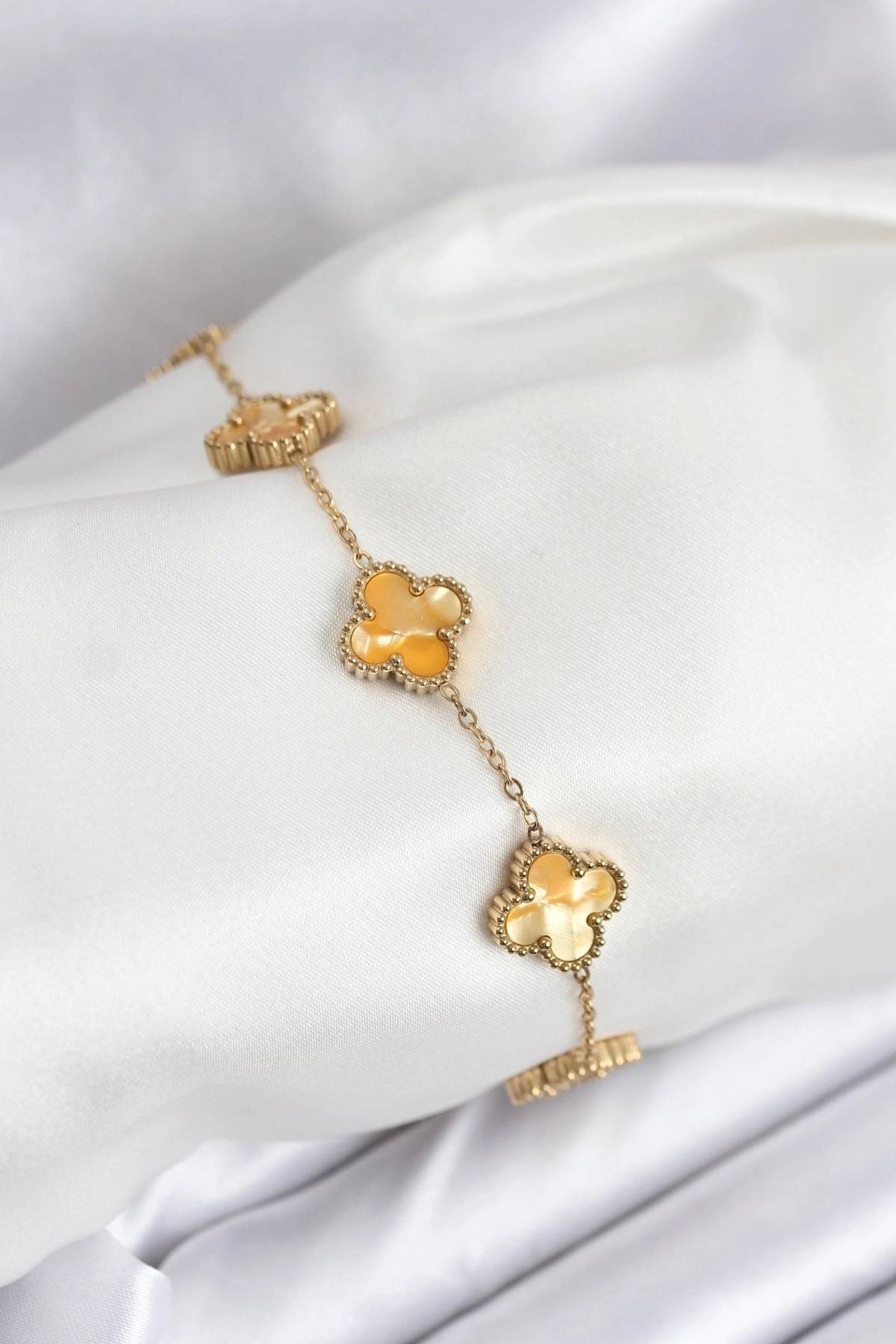 316L Çelik Gold Zincir Sarı Yonca Bileklik-0