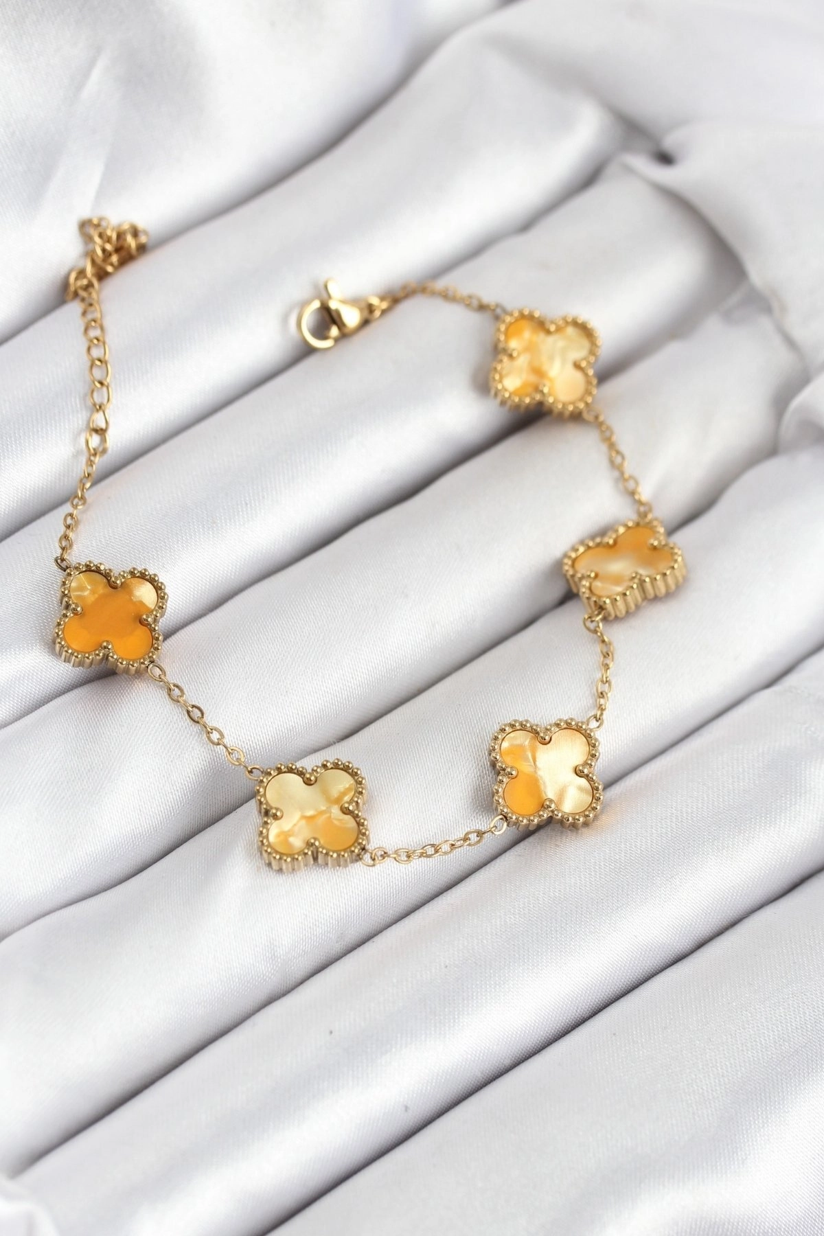 316L Çelik Gold Zincir Sarı Yonca Bileklik-1