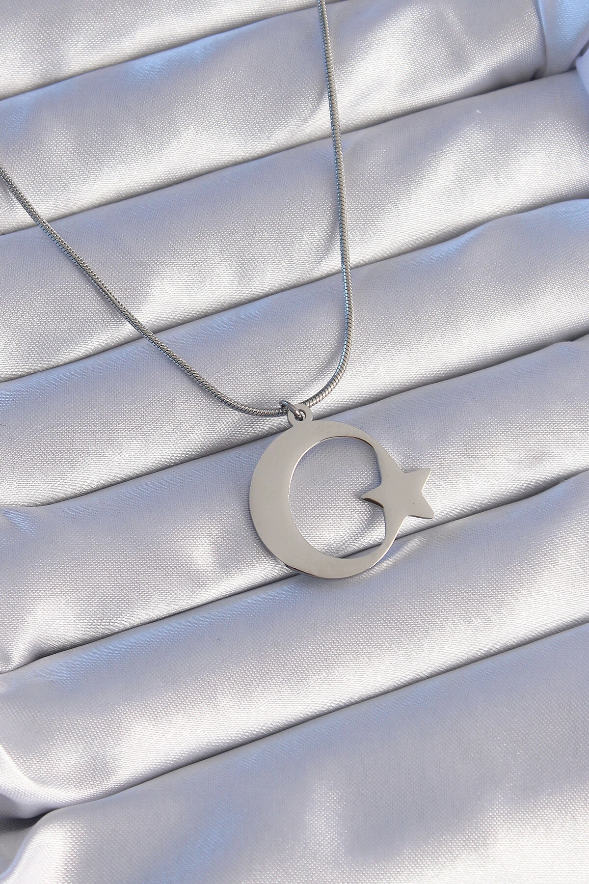 316L Çelik Gümüş Renk Ay Yıldız Model Unisex Kolye-0