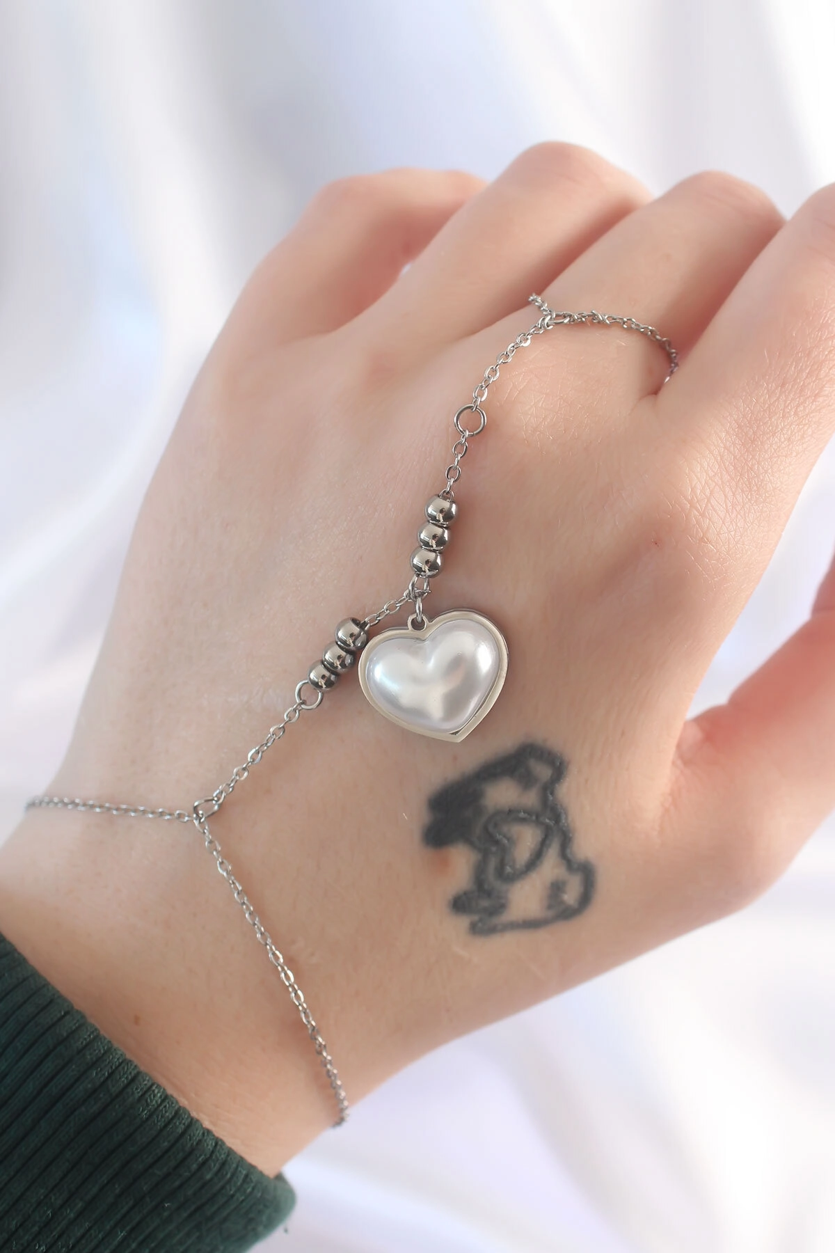 316L Çelik Gümüş Renk Beyaz Bubble Kalp Tasarımlı Şahmeran-1