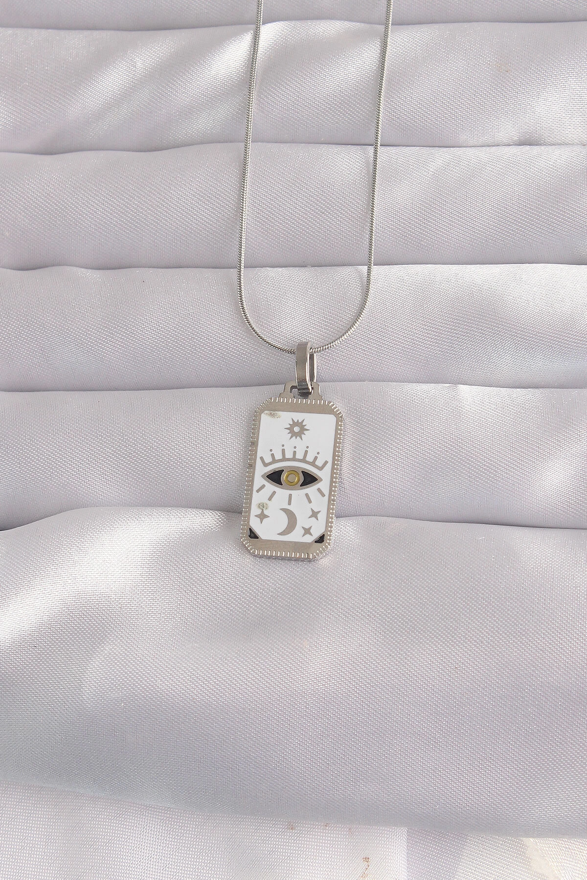 316L Çelik Gümüş Renk Beyaz Mineli Göz Figür Tarot Kolye-0
