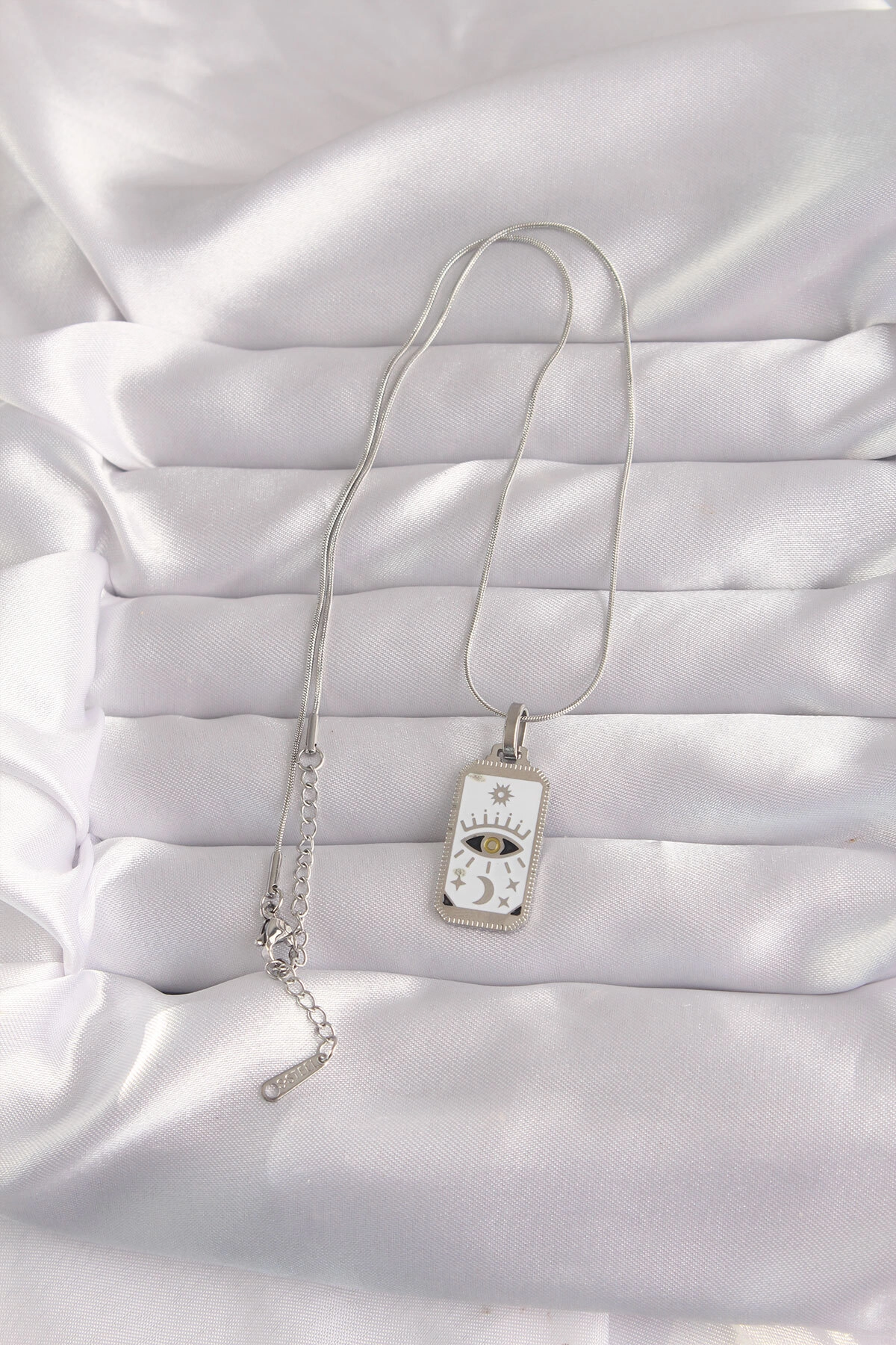 316L Çelik Gümüş Renk Beyaz Mineli Göz Figür Tarot Kolye-1