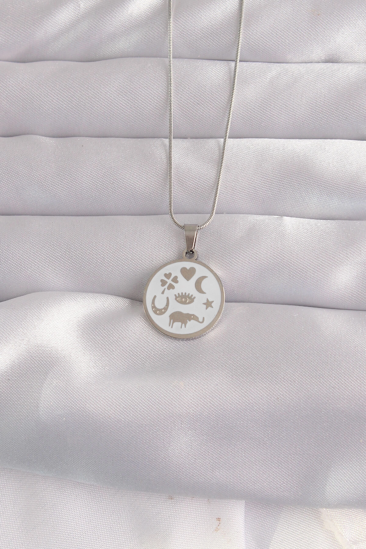 316L Çelik Gümüş Renk Beyaz Mineli Karışık Figürlü Tarot Kolye-0