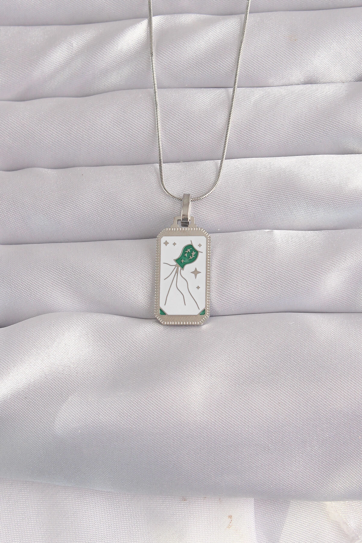 316L Çelik Gümüş Renk Beyaz Mineli Tarot Kolye-0