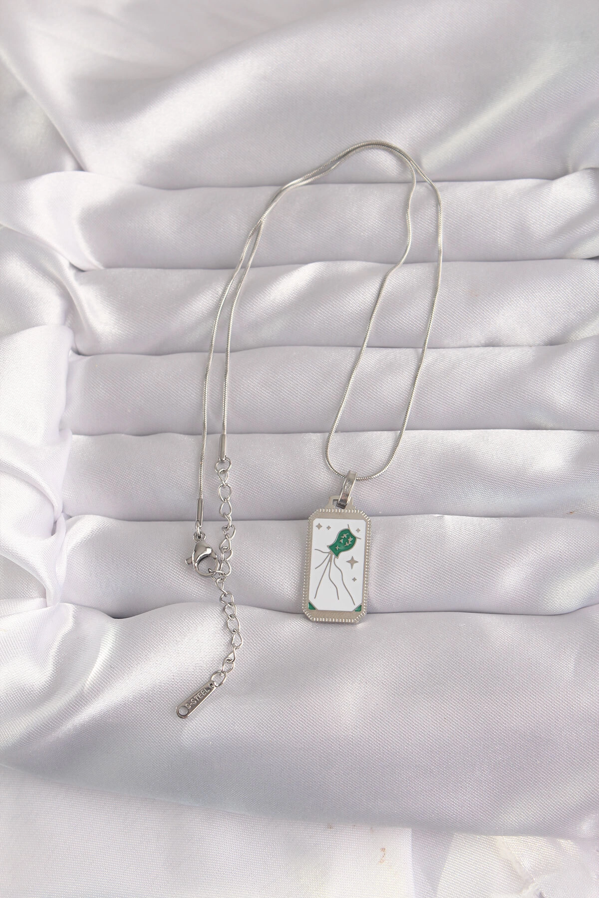 316L Çelik Gümüş Renk Beyaz Mineli Tarot Kolye-1