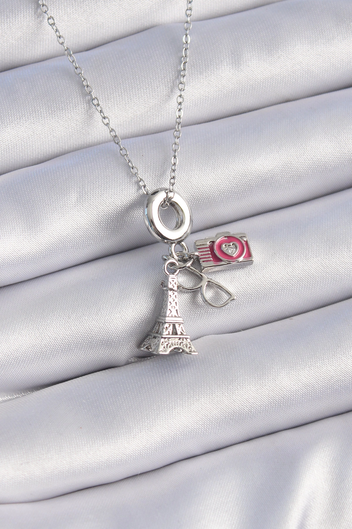 316L Çelik Gümüş Renk Eyfel Kule Fotoğraf Makinesi Model Charm Kadın Kolye-0