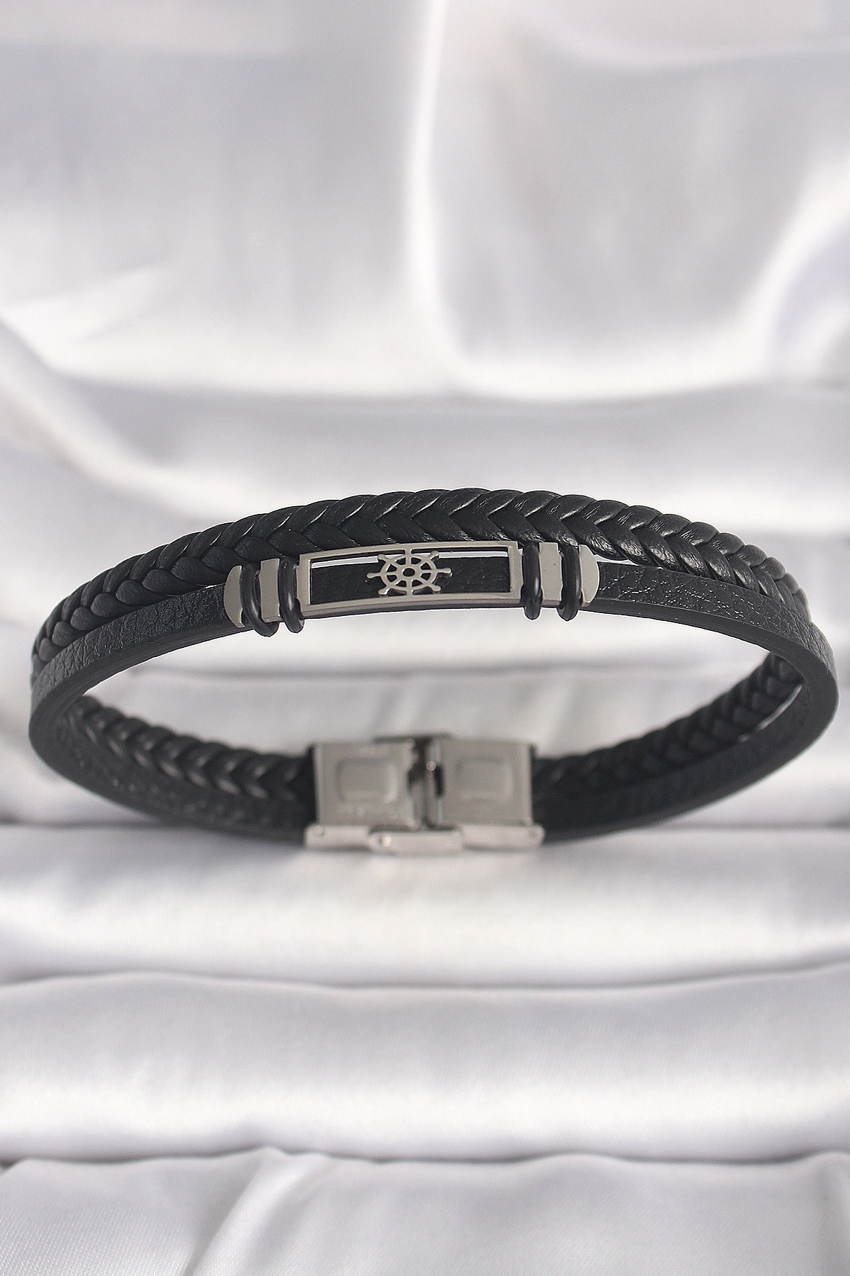 316L Çelik Gümüş Renk Gemi Dümeni Figür Siyah Burgu Deri Kordon Model Erkek Bileklik-0