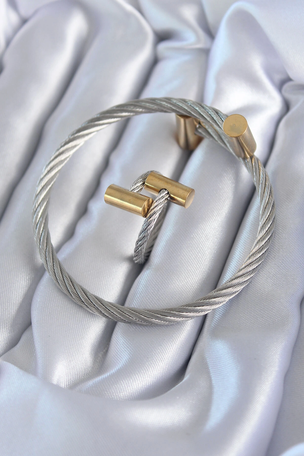 316L Çelik Gümüş Renk Gold Detay Sarmal Model Erkek Bileklik Yüzük Kombini-0