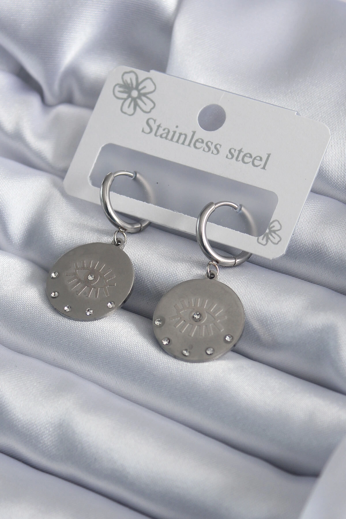 316L Çelik Gümüş Renk Göz İşleme Zirkon Taş Detay Kadın Küpe-0