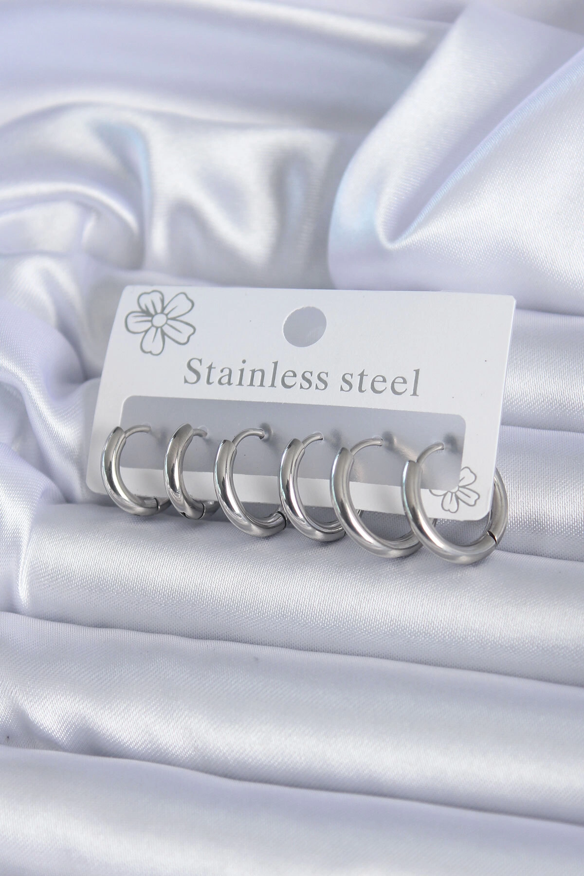 316L Çelik Gümüş Renk Halka Kadın Küpe Seti-0