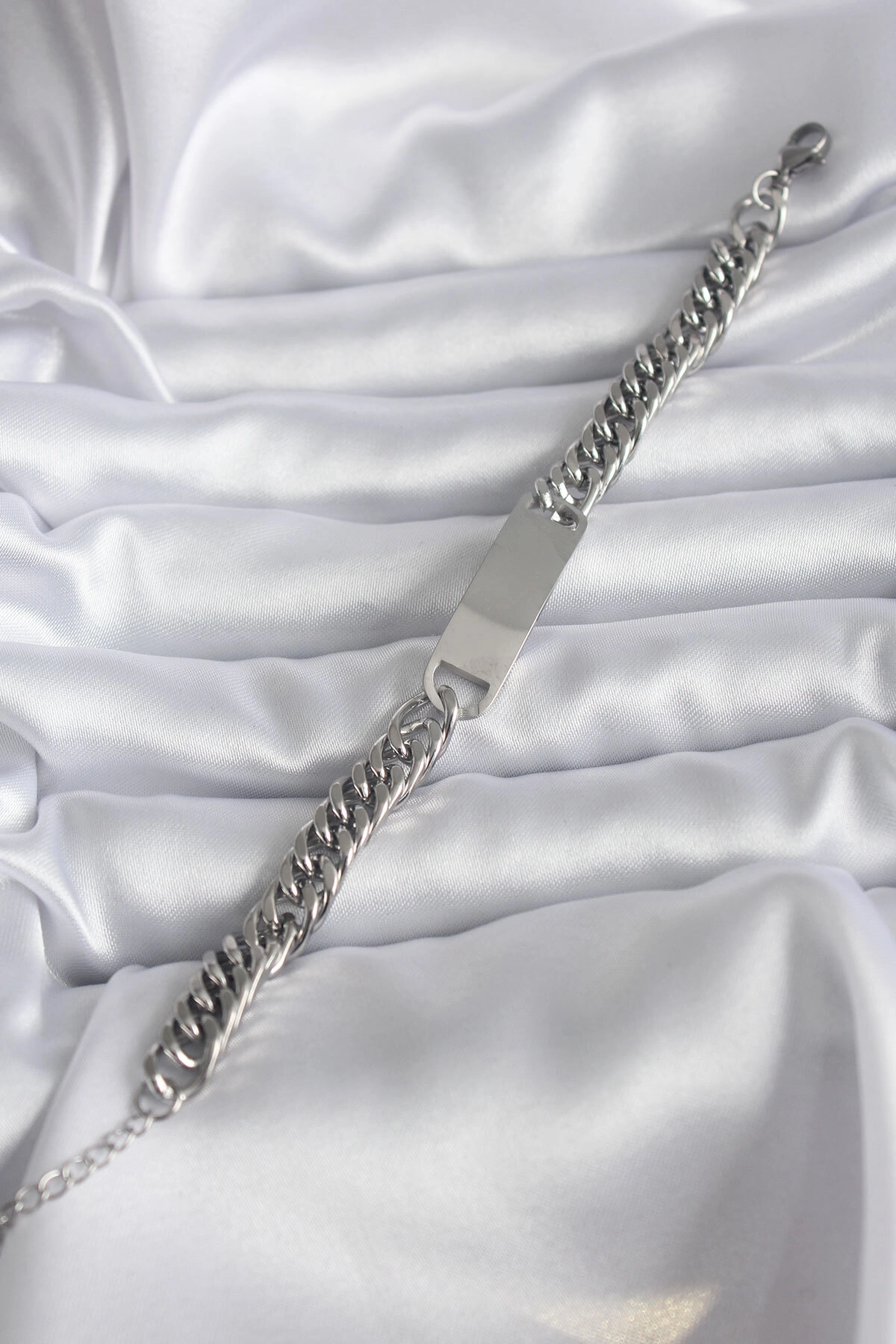 316L Çelik Gümüş Renk İsim Yazılabilir Plaka Model Kadın Bileklik-1