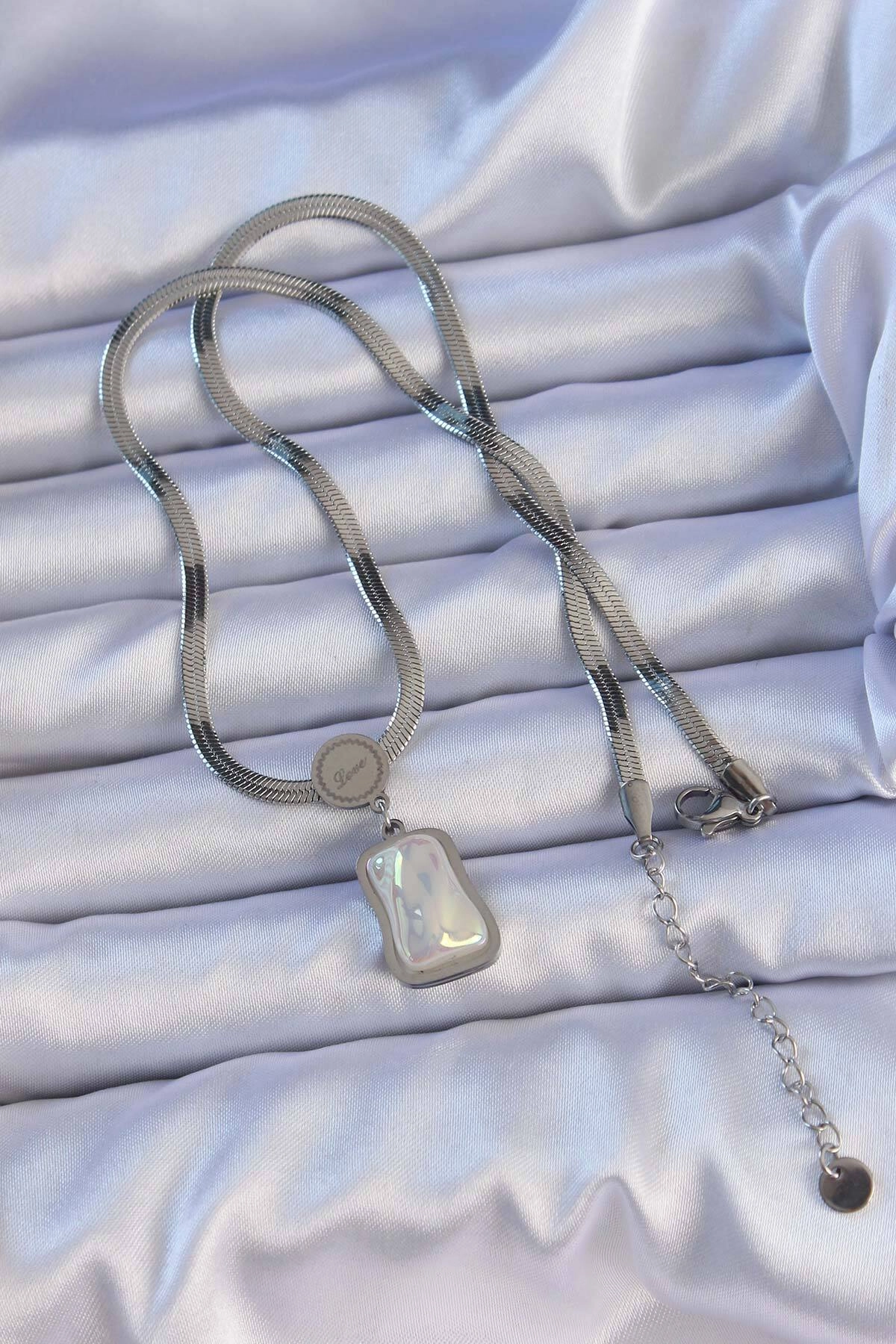 316L Çelik Gümüş Renk İtalyan Zincir Ezme Taşlı Kolye-1