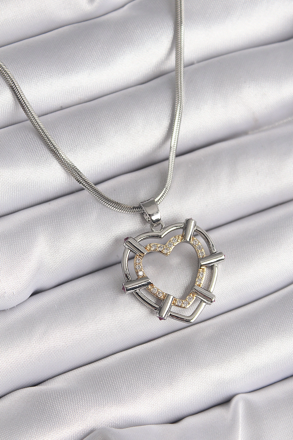 316L Çelik Gümüş Renk İtalyan Zincir Mix Renk Zirkon Taş Detay Kalp Model Kadın Kolye-0