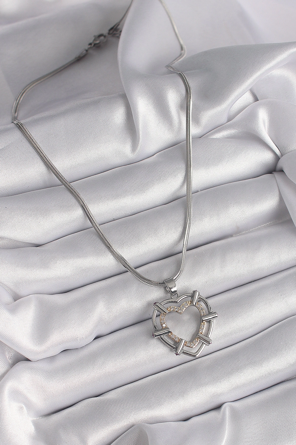 316L Çelik Gümüş Renk İtalyan Zincir Mix Renk Zirkon Taş Detay Kalp Model Kadın Kolye-1