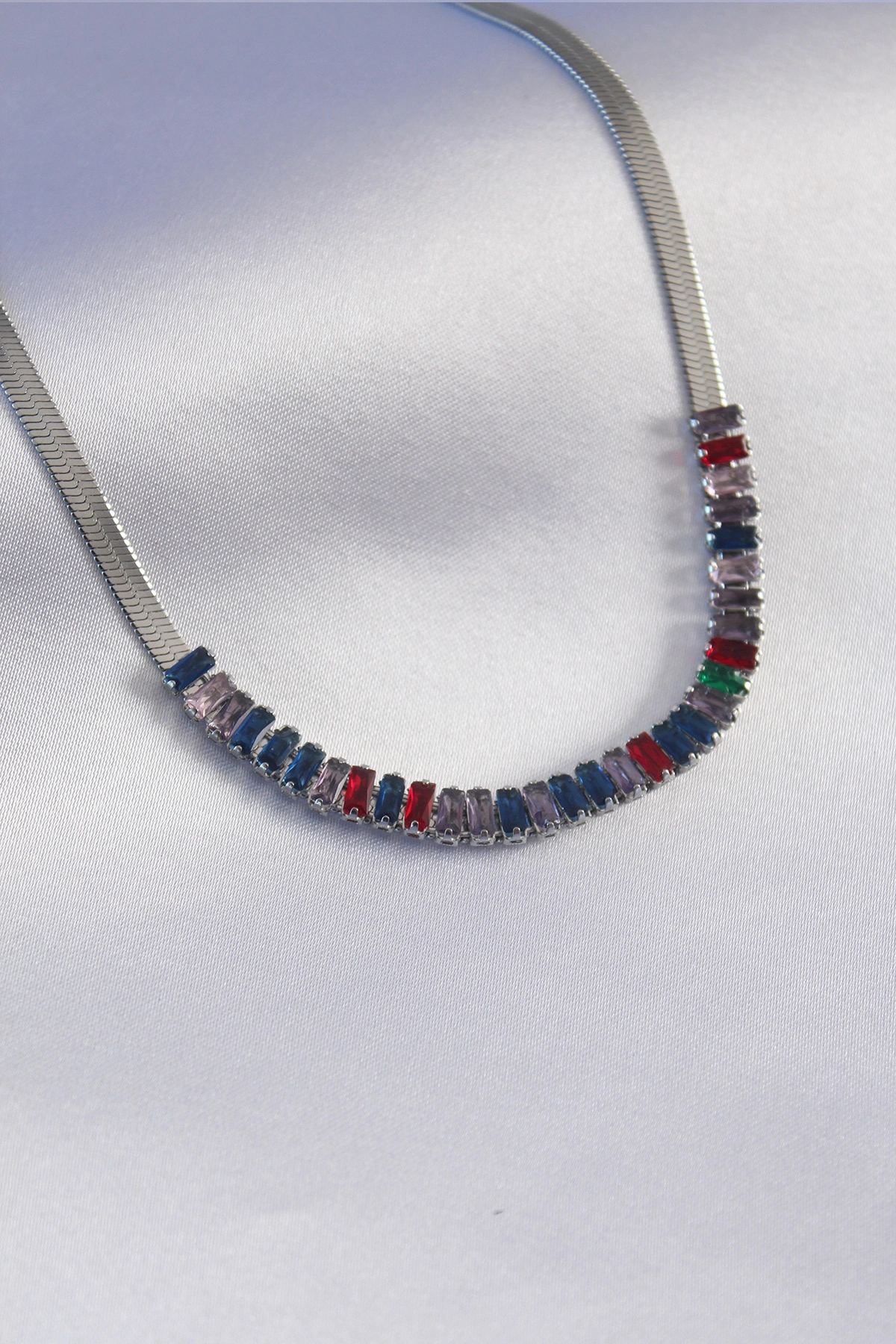 316L Çelik Gümüş Renk İtalyan Zincir Model Renkli Zirkon Taşlı Kadın Kolye-0