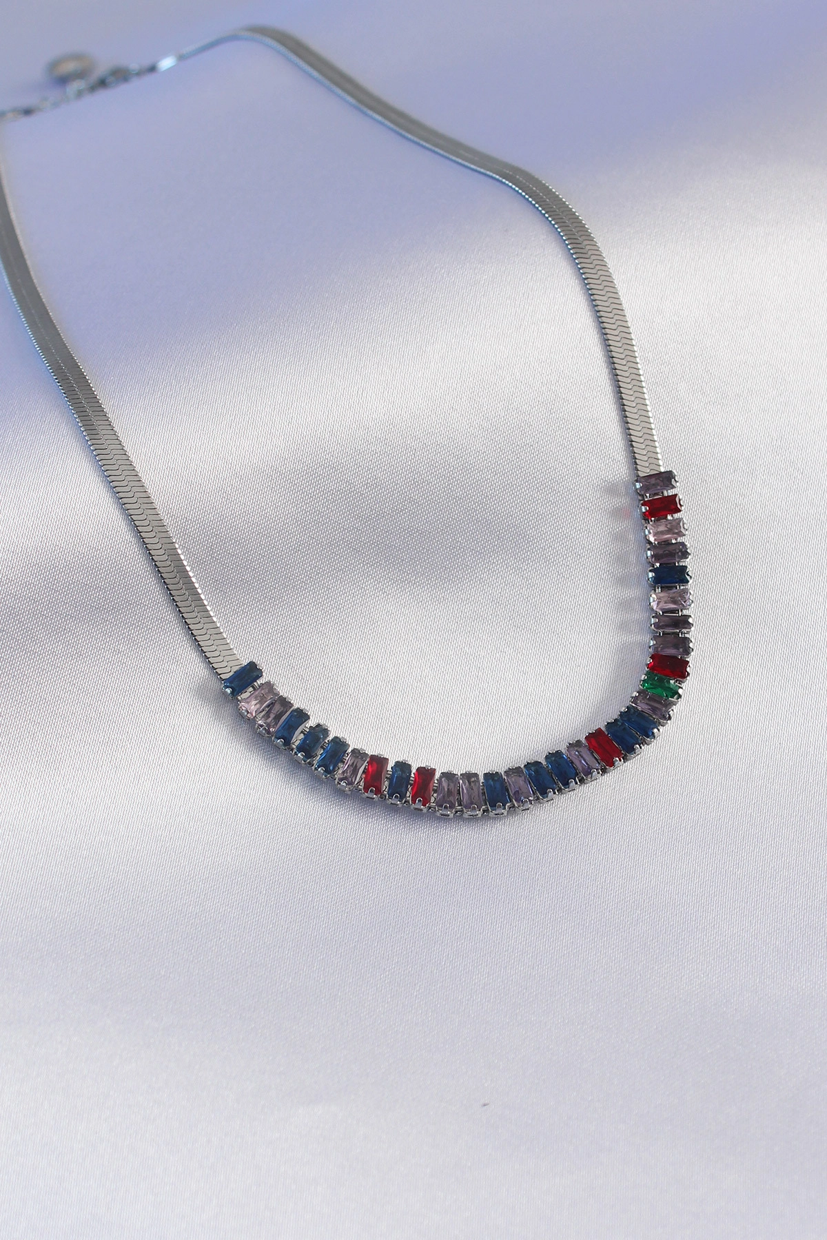 316L Çelik Gümüş Renk İtalyan Zincir Model Renkli Zirkon Taşlı Kadın Kolye-1