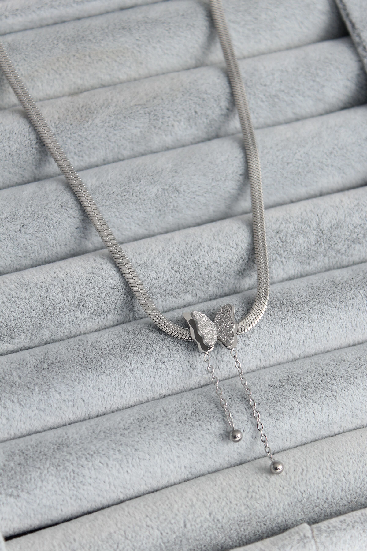316L Çelik Gümüş Renk İtalyan Zincir Model Simli Kelebek Figür Kadın Kolye-0