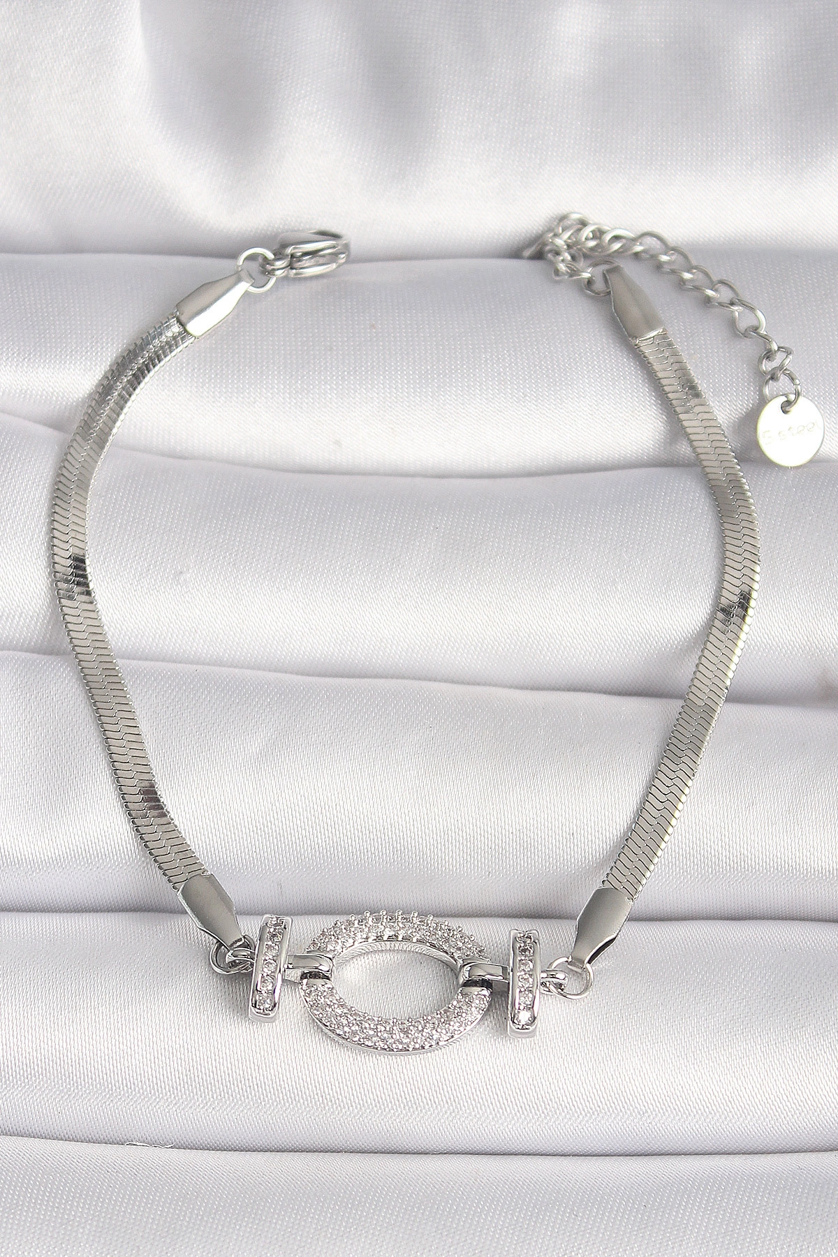 316L Çelik Gümüş Renk İtalyan Zincir Model Zirkon Taşlı Halka Figür Kadın Bileklik-0