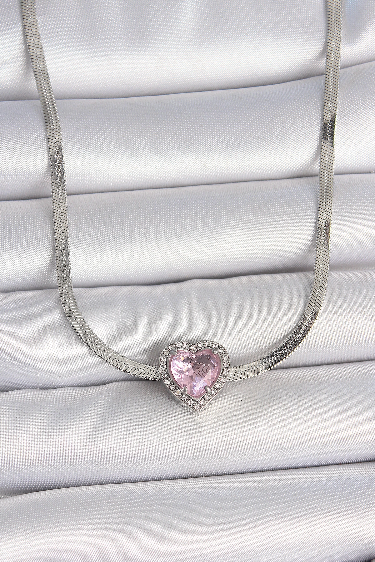316L Çelik Gümüş Renk İtalyan Zincir Pembe Zirkon Taşlı Kalp Model Kadın Kolye-0