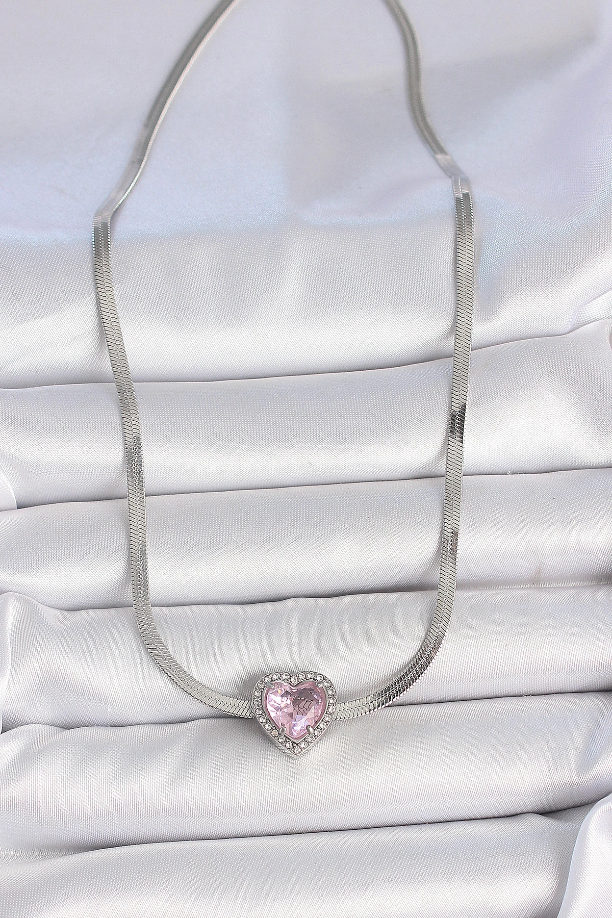 316L Çelik Gümüş Renk İtalyan Zincir Pembe Zirkon Taşlı Kalp Model Kadın Kolye-1
