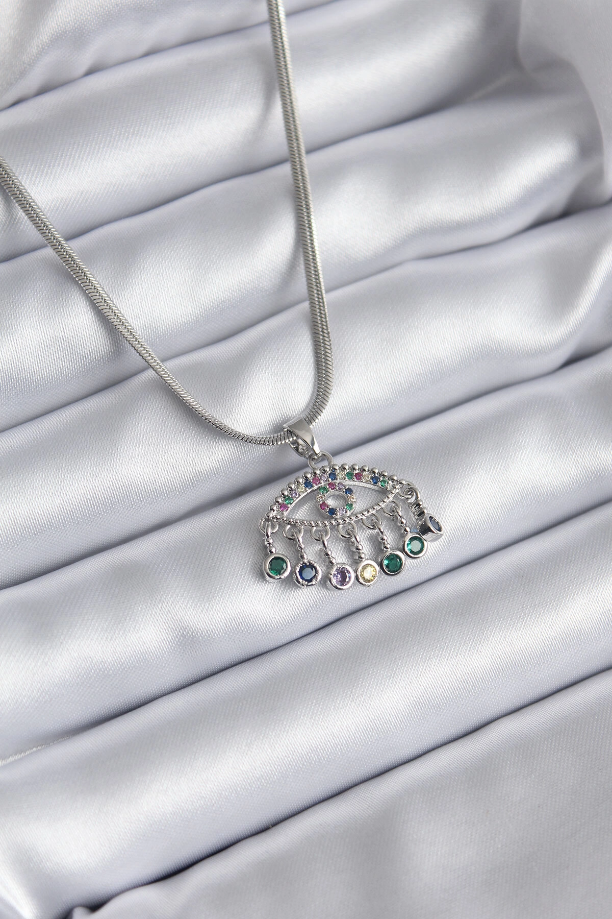 316L Çelik Gümüş Renk İtalyan Zincir Zirkon Taşlı Göz Figür Kadın Kolye-0