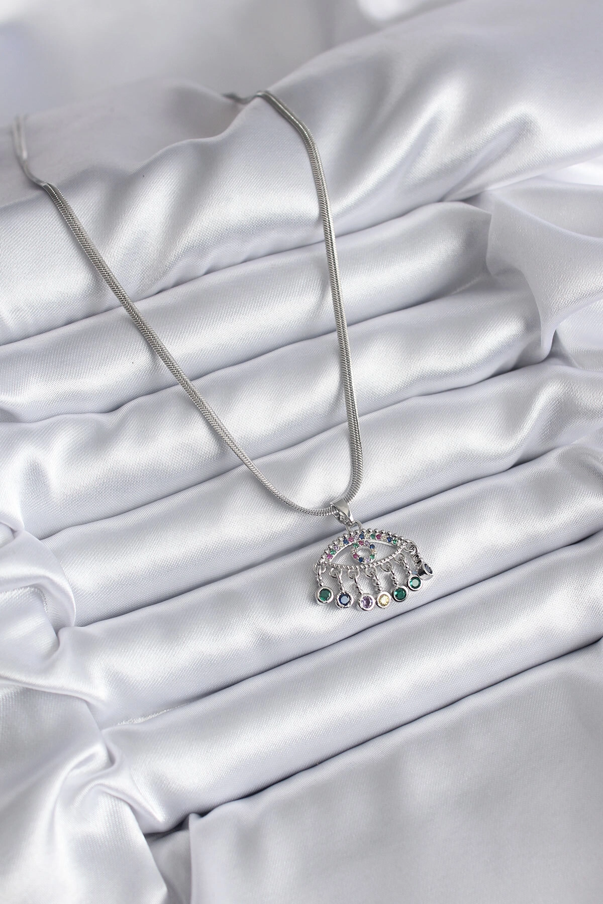 316L Çelik Gümüş Renk İtalyan Zincir Zirkon Taşlı Göz Figür Kadın Kolye-1