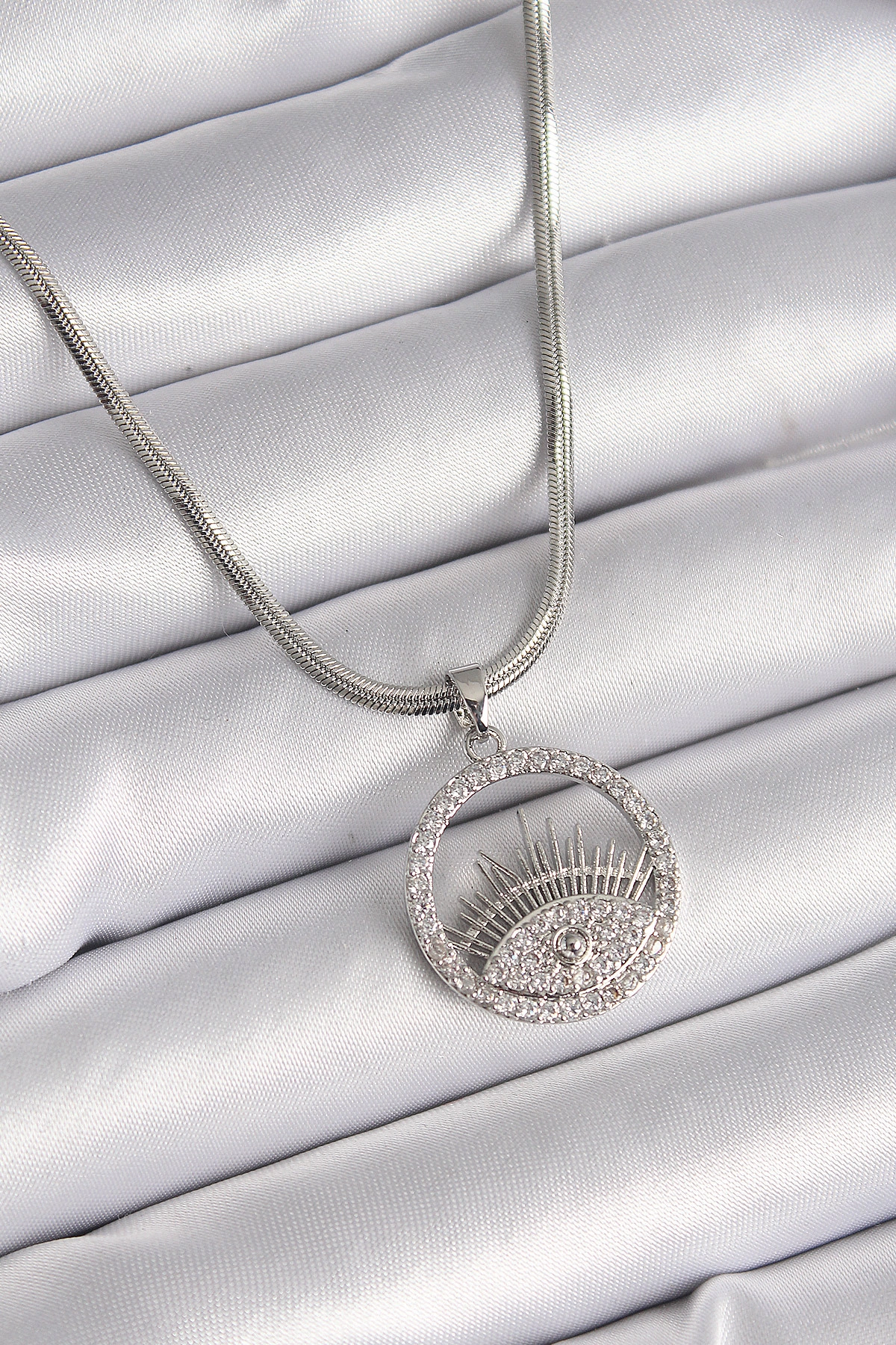 316L Çelik Gümüş Renk İtalyan Zincir Zirkon Taşlı Göz Model Kadın Kolye-0