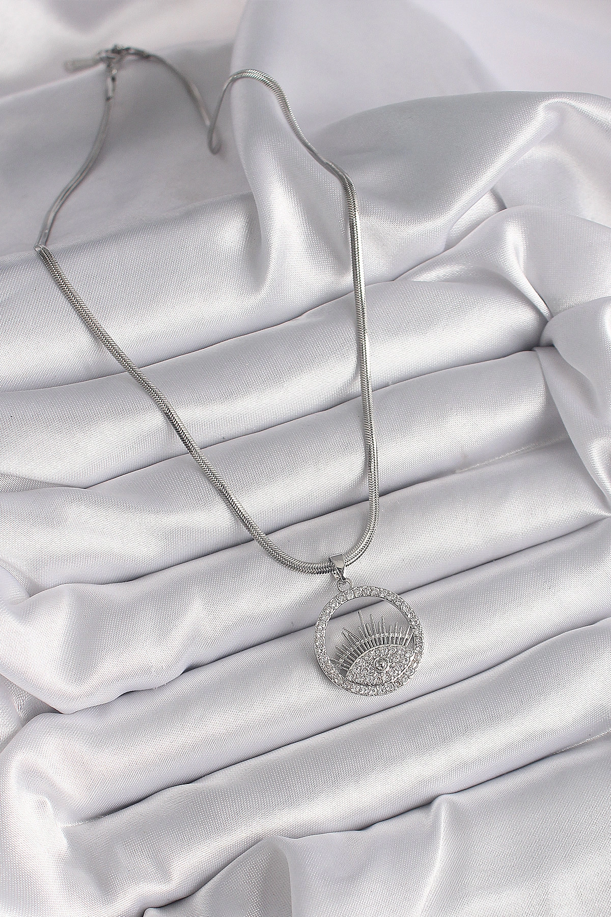 316L Çelik Gümüş Renk İtalyan Zincir Zirkon Taşlı Göz Model Kadın Kolye-1