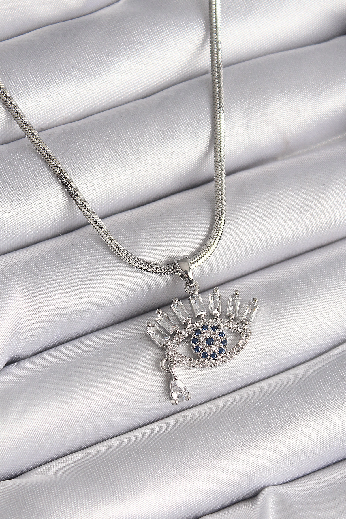 316L Çelik Gümüş Renk İtalyan Zincir Zirkon Taşlı Göz Model Kadın Kolye-0