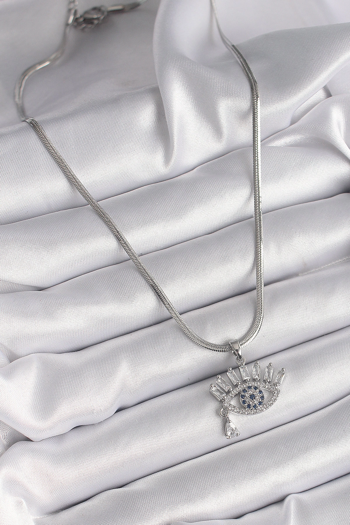 316L Çelik Gümüş Renk İtalyan Zincir Zirkon Taşlı Göz Model Kadın Kolye-1