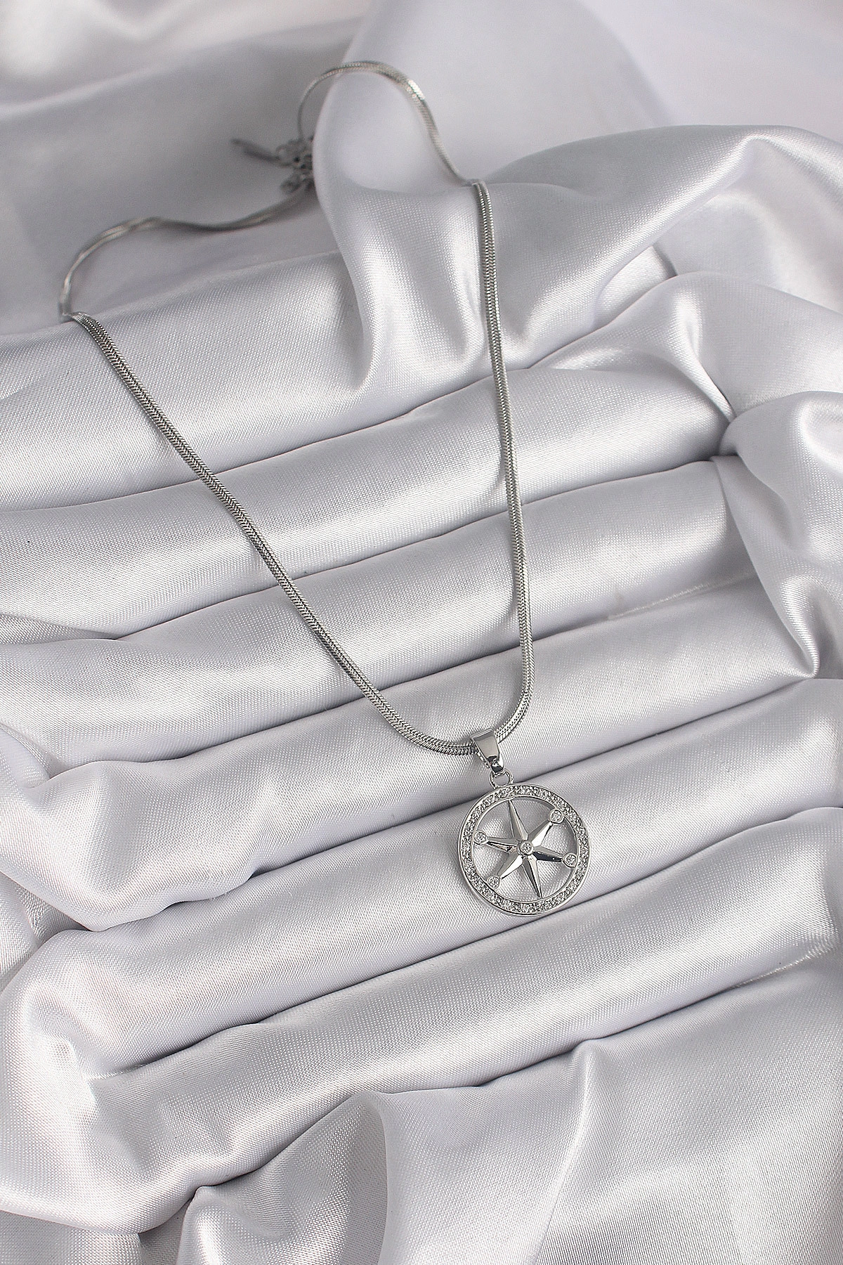 316L Çelik Gümüş Renk İtalyan Zincir Zirkon Taşlı Kutup Yıldız Model Kadın Kolye-1