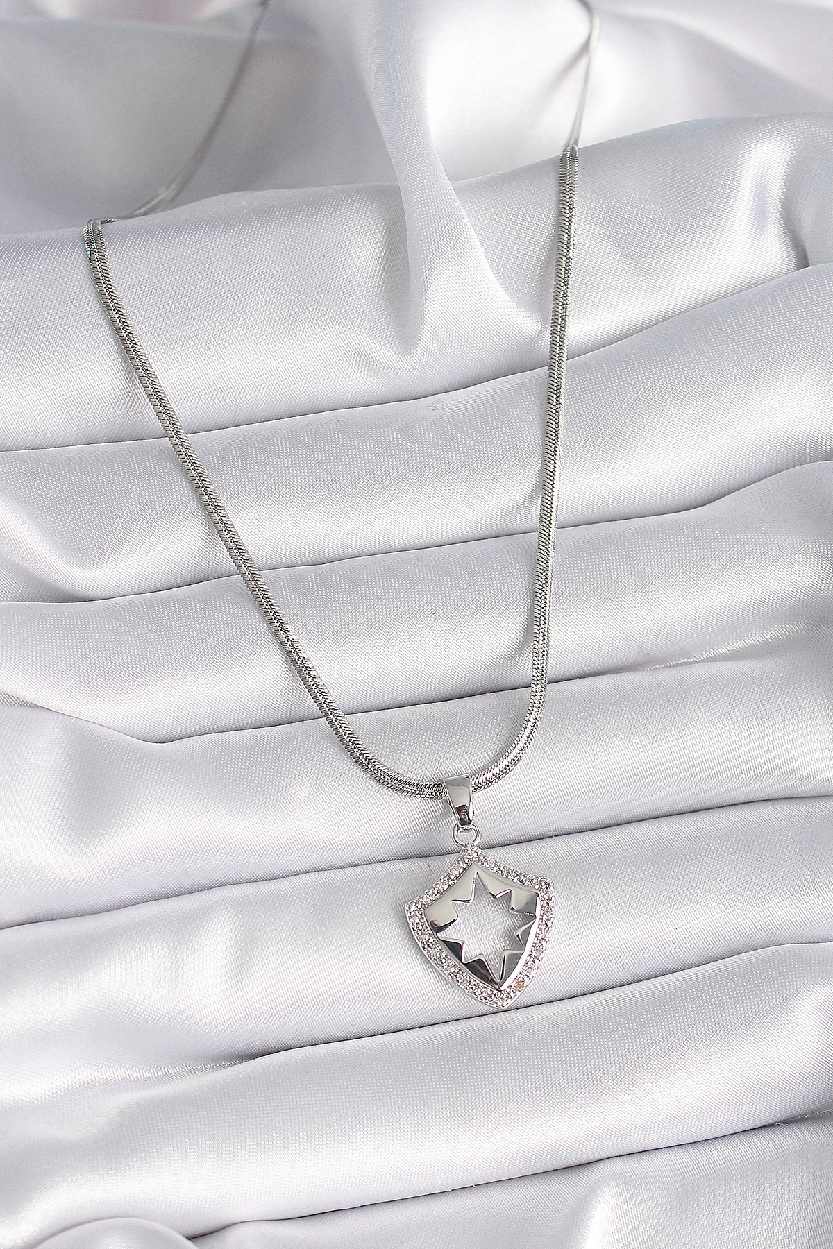 316L Çelik Gümüş Renk İtalyan Zincir Zirkon Taşlı Kutup Yıldızı İşleme Model Kadın Kolye-1