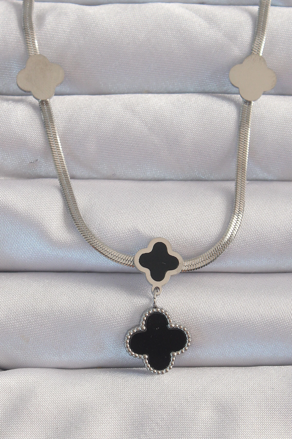 316L Çelik Gümüş Renk İtalyan Zincirli Mineli Yonca Kolye-0