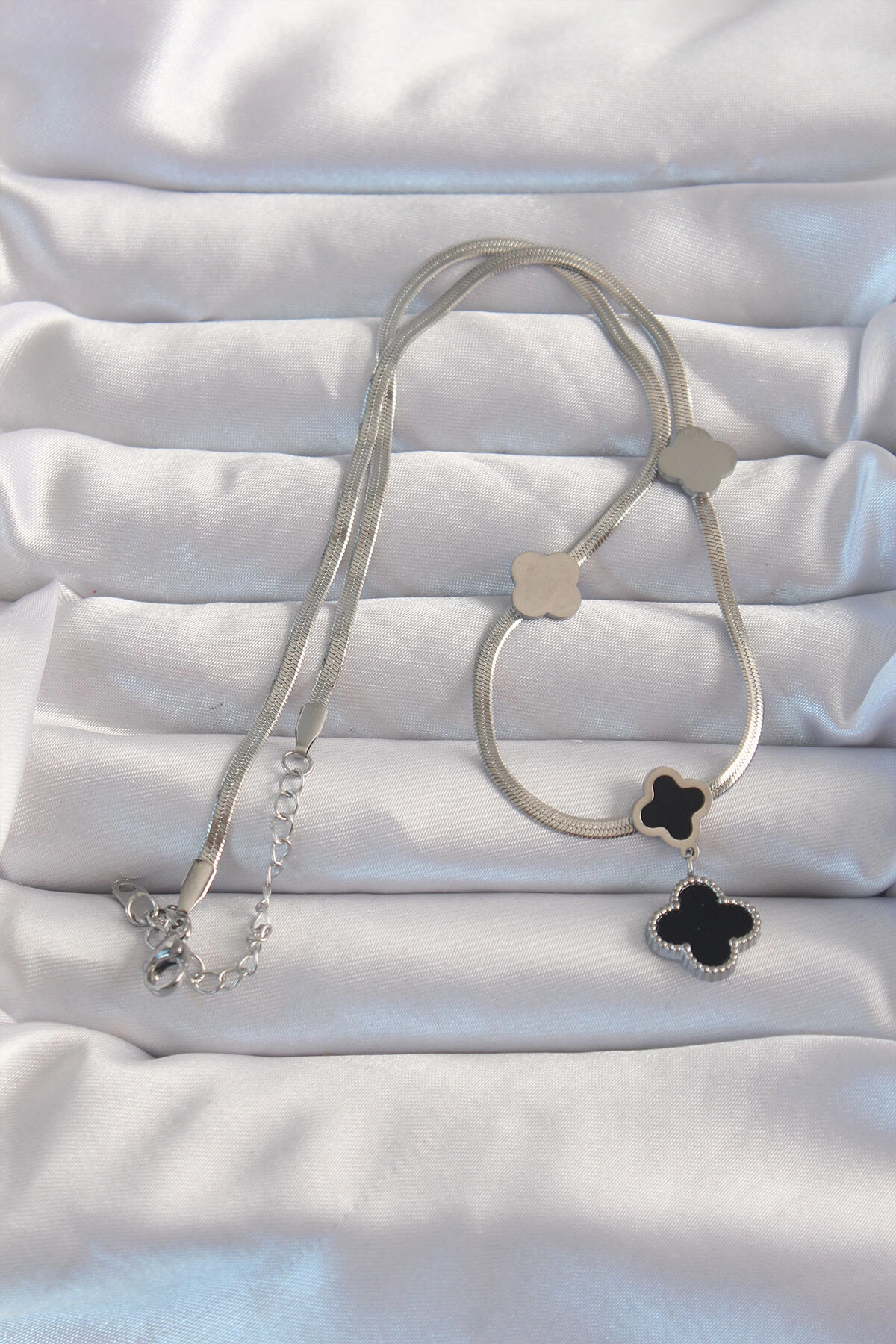 316L Çelik Gümüş Renk İtalyan Zincirli Mineli Yonca Kolye-1