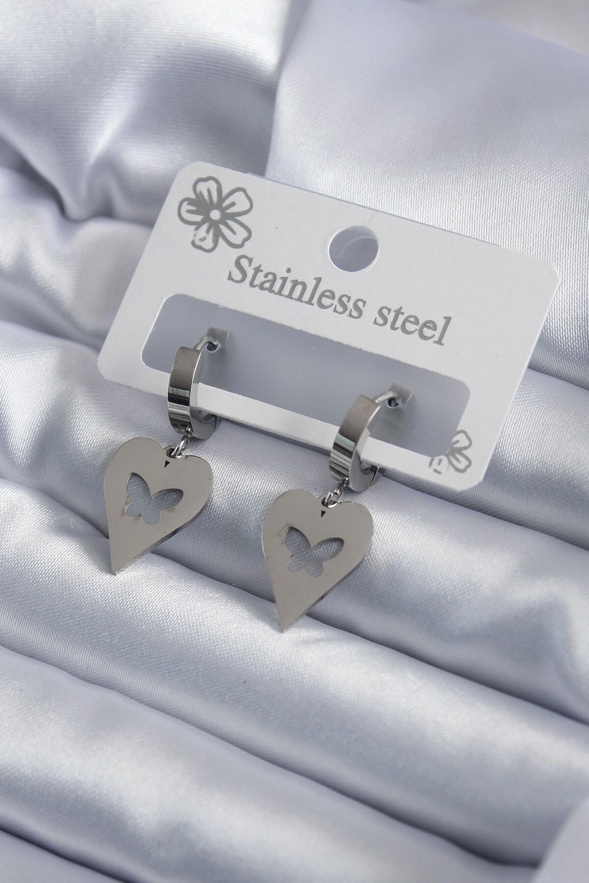 316L Çelik Gümüş Renk Kalp Model Kelebek İşleme Kadın Küpe-0