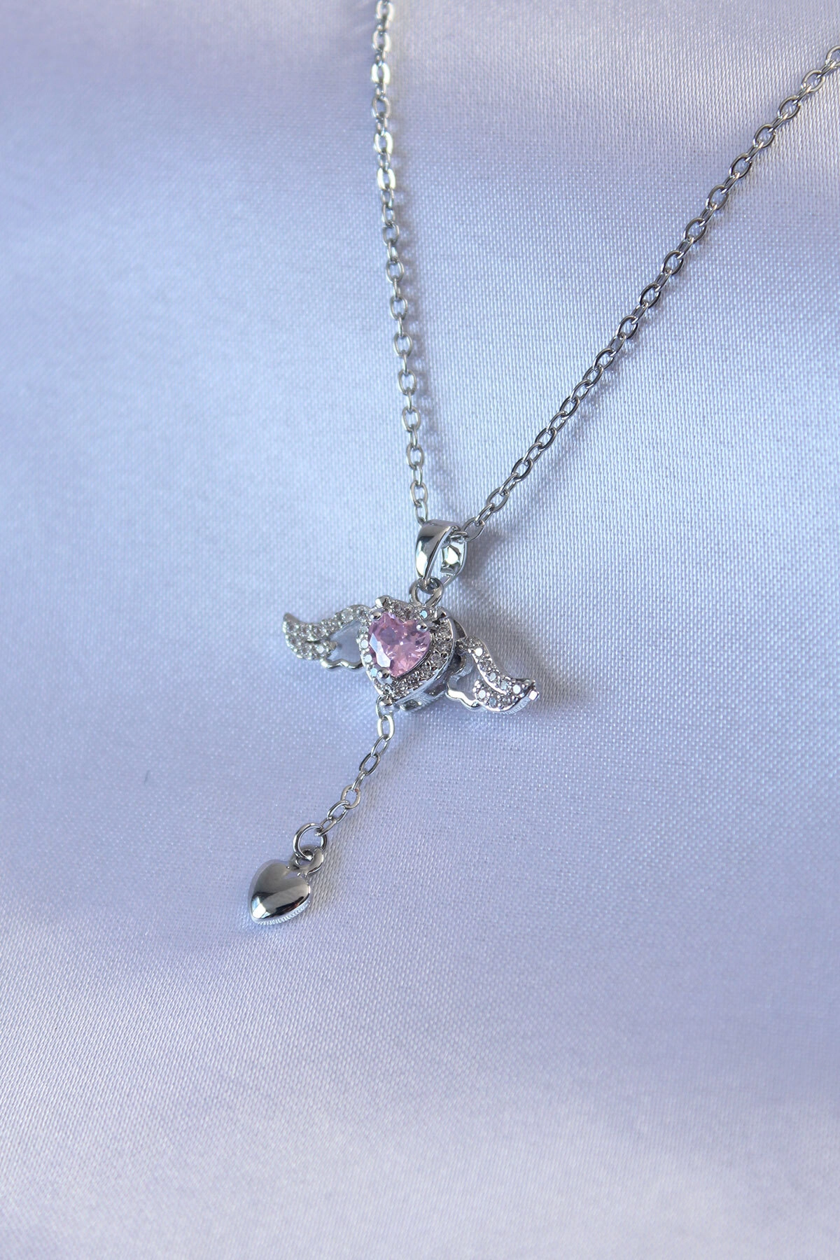 316L Çelik Gümüş Renk Kanatlı Kalp Figür Zirkon Taş Detay Kadın Kolye-0