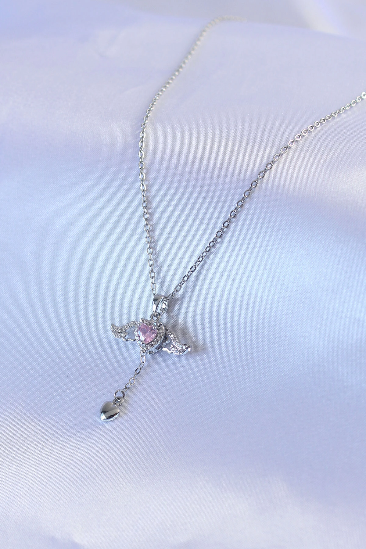 316L Çelik Gümüş Renk Kanatlı Kalp Figür Zirkon Taş Detay Kadın Kolye-1