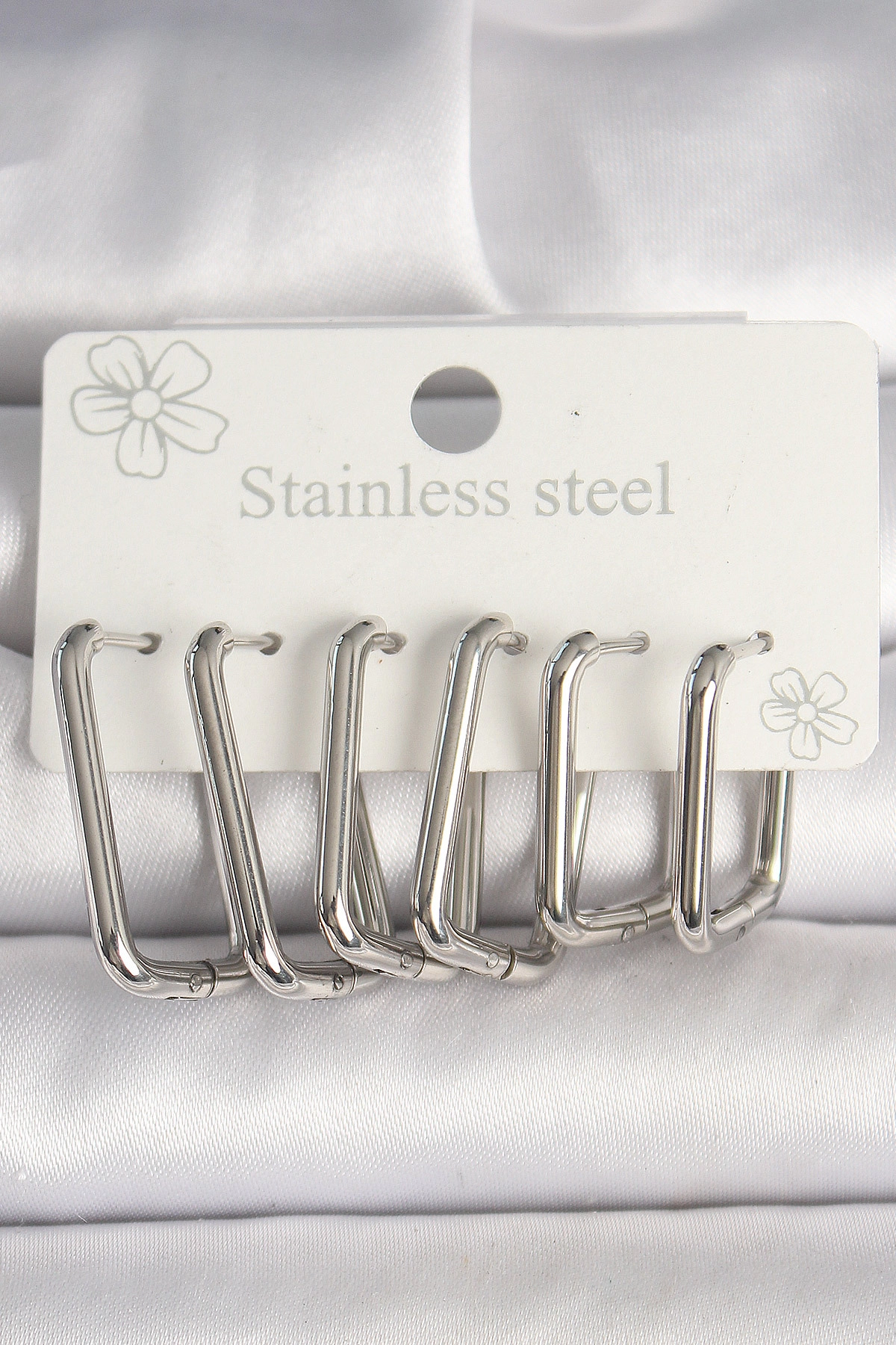 316L Çelik Gümüş Renk Kare Model Kadın Küpe Seti-0