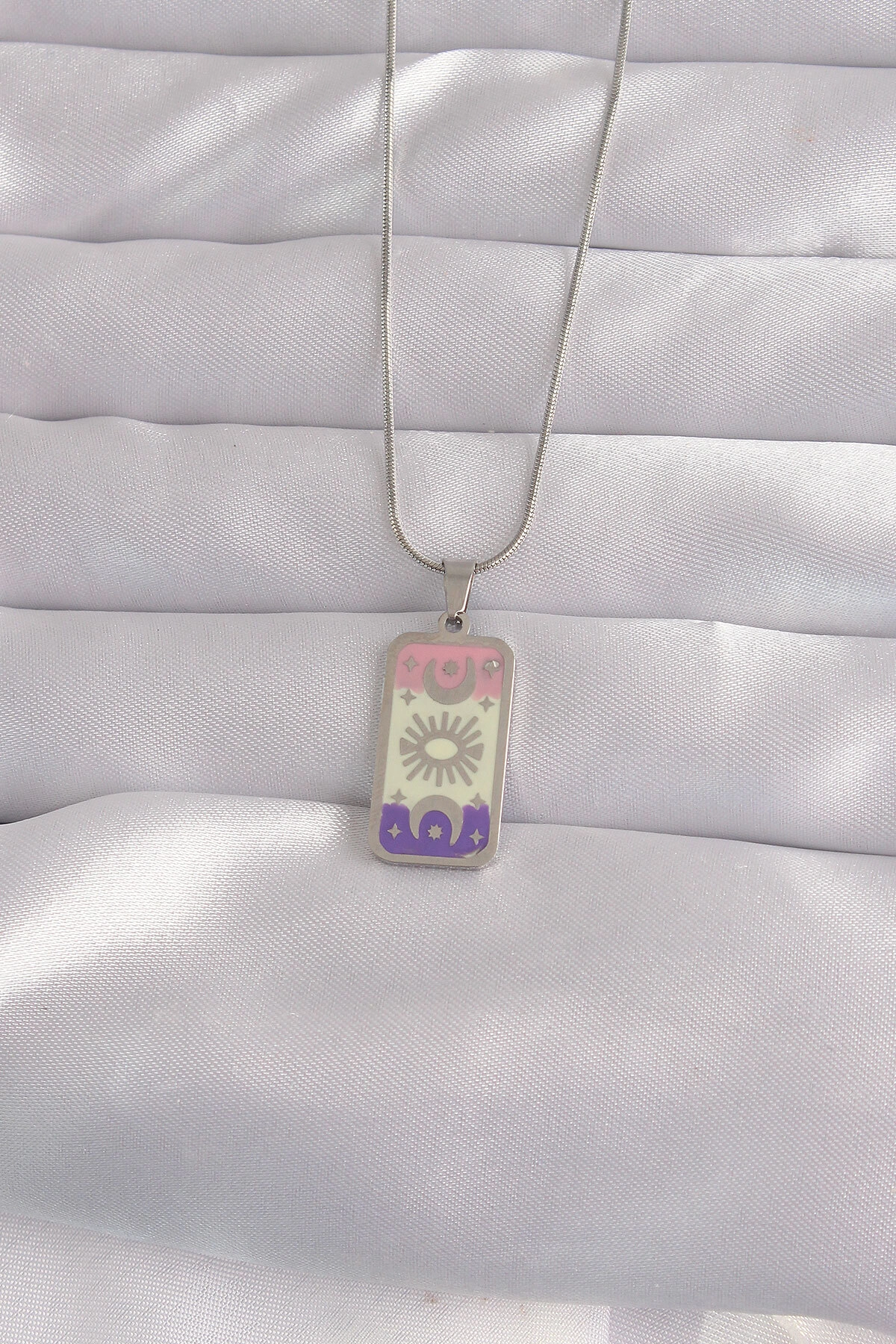 316L Çelik Gümüş Renk Karışık Mineli Ay Figür Tarot Kolye-0