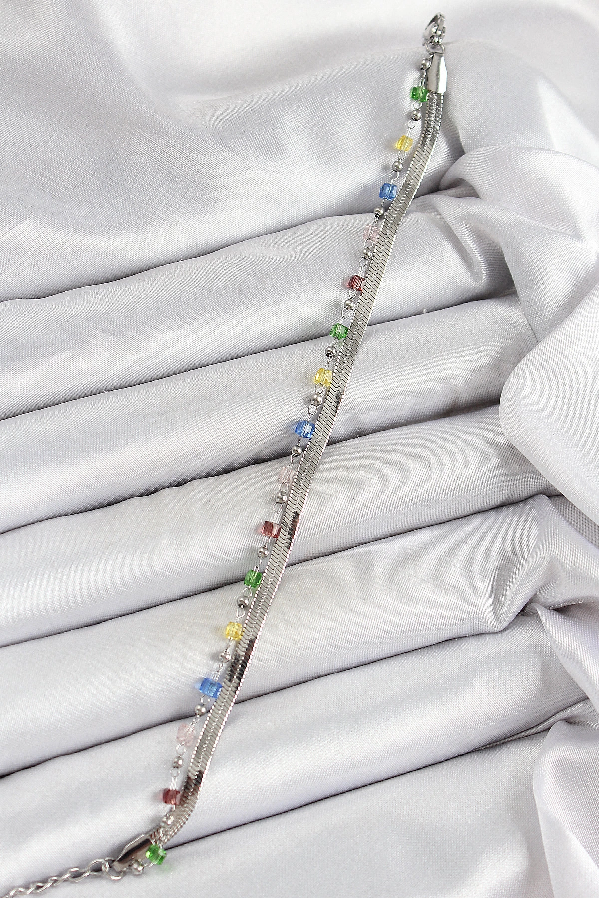 316L Çelik Gümüş Renk Karışık Renkli Kristal Taşlı Kadın Bileklik-0