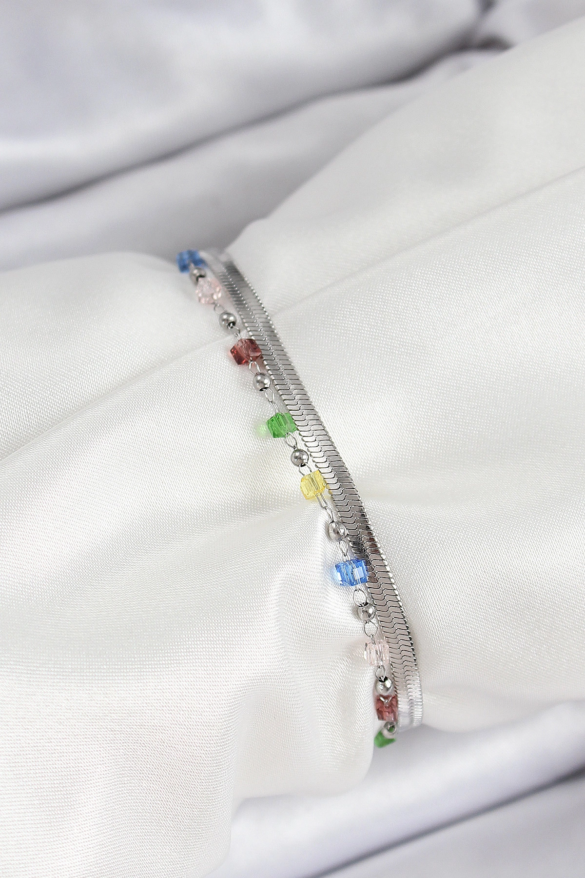 316L Çelik Gümüş Renk Karışık Renkli Kristal Taşlı Kadın Bileklik-1