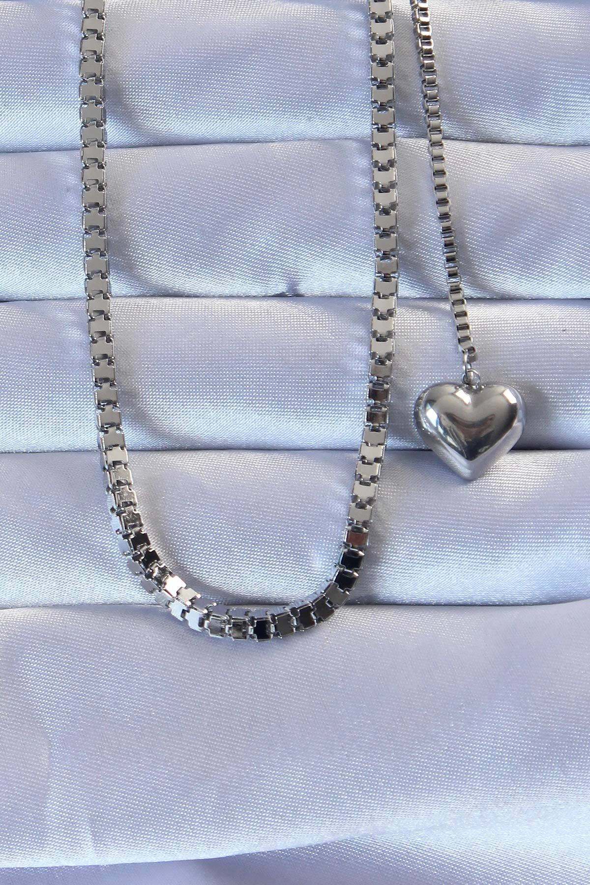 316L Çelik Gümüş Renk Küp Zincirli Kalpli Kolye-0