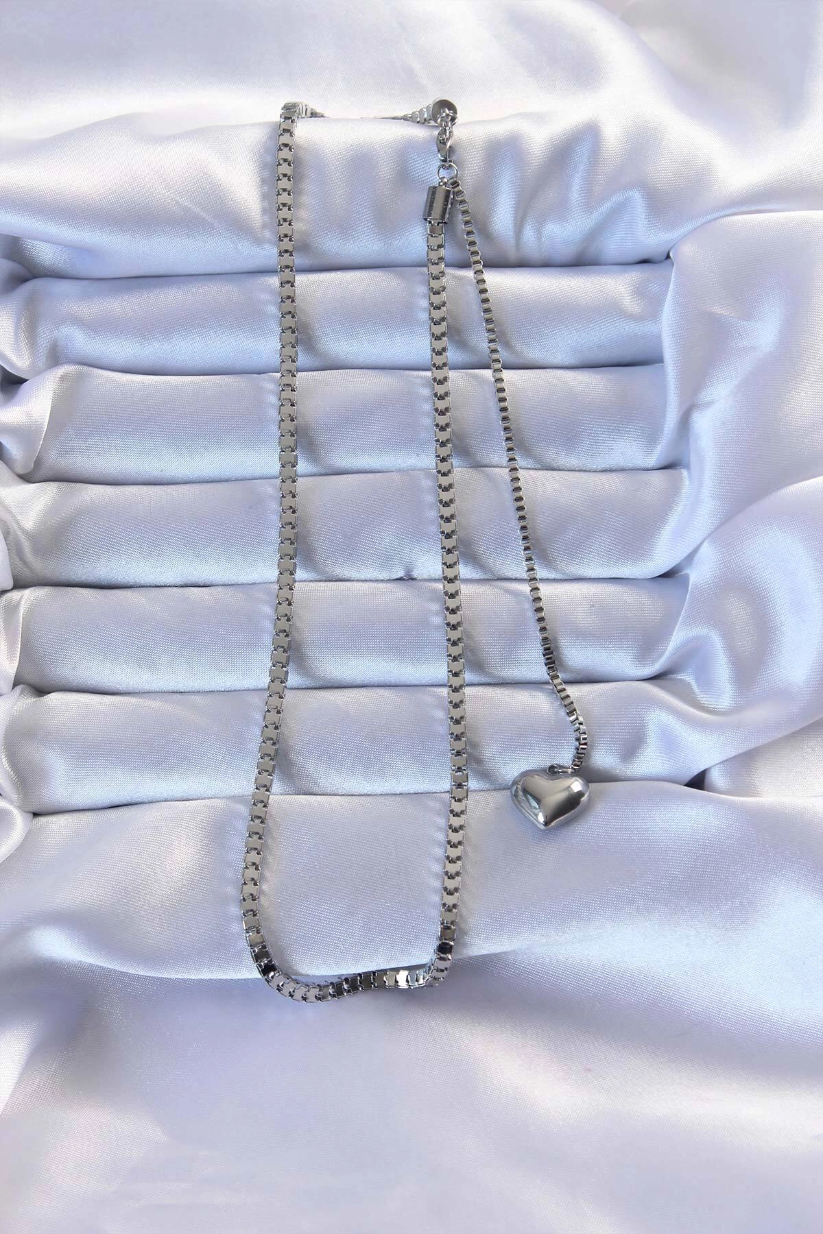 316L Çelik Gümüş Renk Küp Zincirli Kalpli Kolye-1