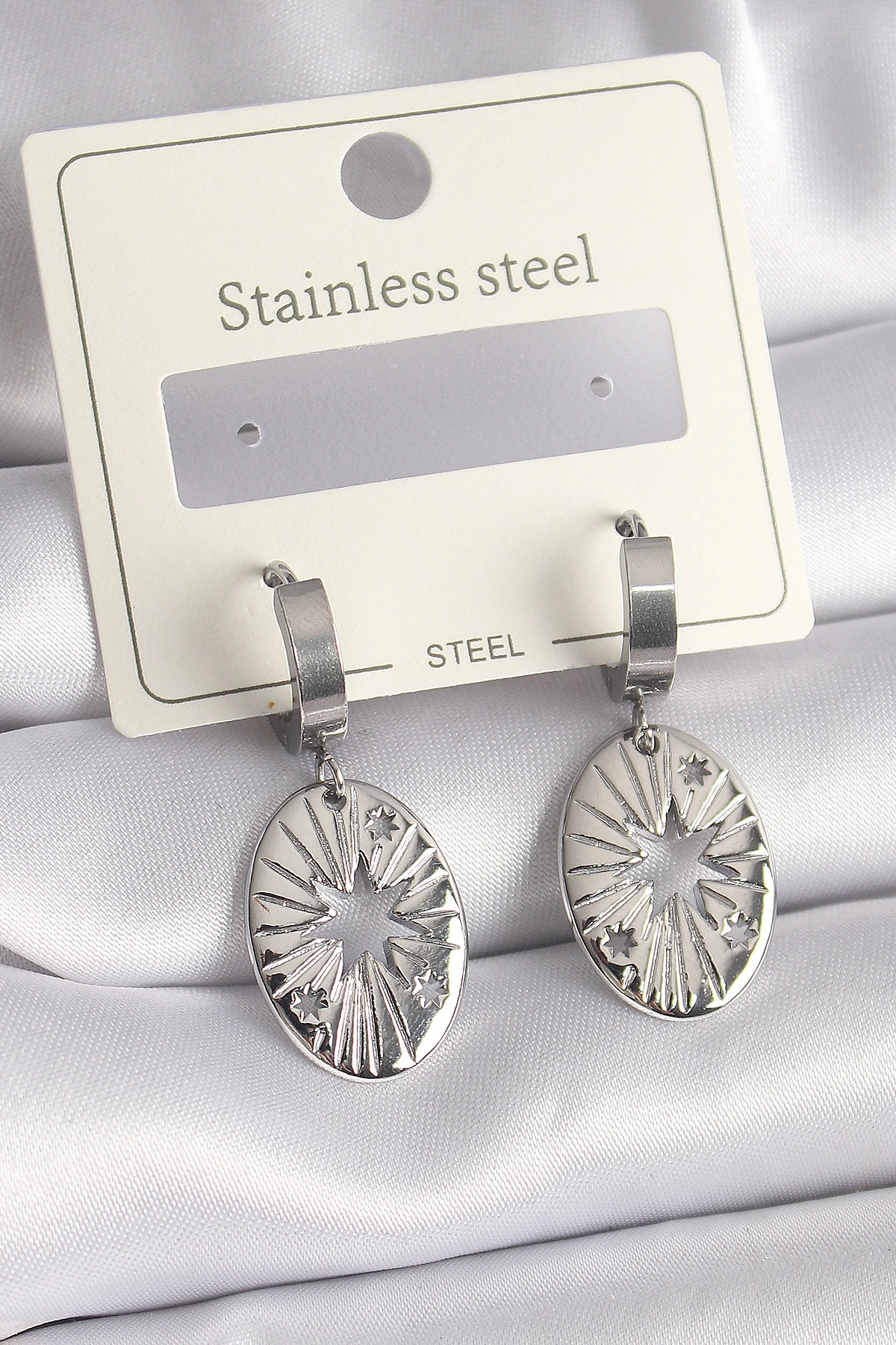 316L Çelik Gümüş Renk Kutup Yıldızı İşleme Kadın Küpe-0