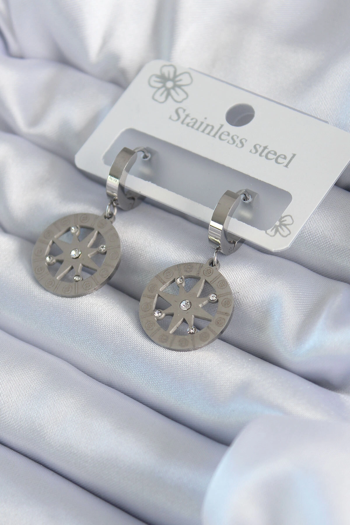 316L Çelik Gümüş Renk Kutup Yıldızı Model Zirkon Taş İşleme Detay Kadın Küpe-0